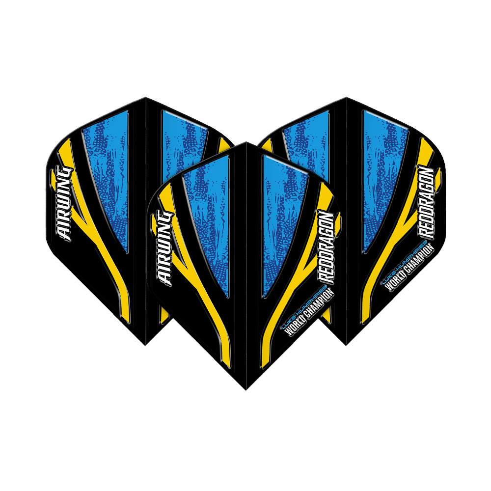 Red Dragon Airwing Luke Humphries World Champion Black Blue Standard Flights Das Bild zeigt drei Dartflights mit dem Namen "Red Dragon Airwing Luke Humphries World Champion Black Blue Standard Flights". Die Flights sind überwiegend blau und schwarz mit gelben Akzenten und weißer Schrift.