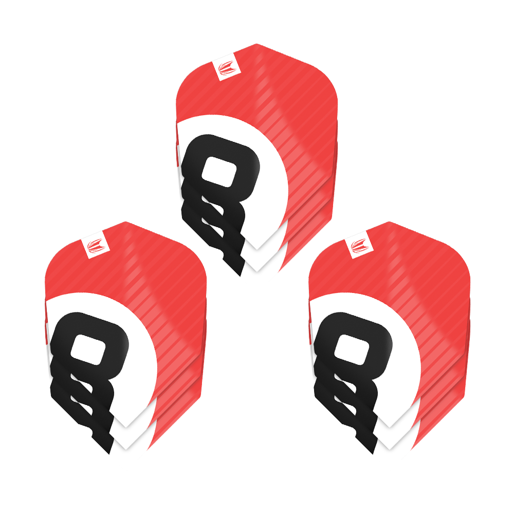 337211_Target_ProUltra_3Sets_Chicane_Red_No6_Flights_1FZW9QIOcHUd3X Das Bild zeigt drei Sets der Target Pro Ultra Chicane Red No6 Flights. Die Flights sind überwiegend rot mit weißen und schwarzen Designelementen.