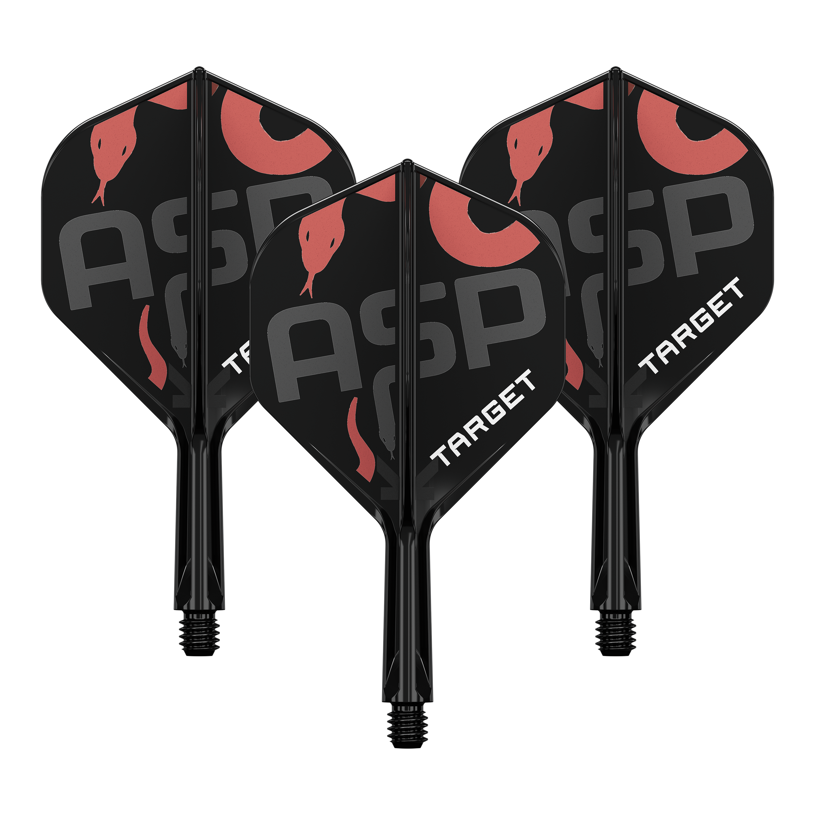 Target K-Flex Nathan Aspinall No2 Standard Flight Shaft System Auf dem Bild sind drei schwarze Dartflights mit Schäften zu sehen. Die Flights tragen die Aufschrift "ASP" und "TARGET" sowie ein rotes Schlangenmotiv.