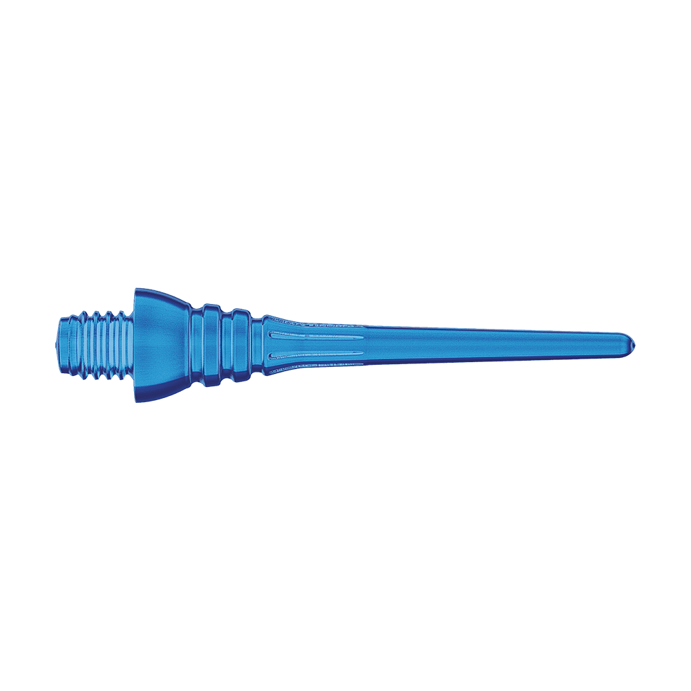 Winmau Triton Softtip Points Softdartspitzen (50-er Pack) Auf dem Bild ist eine azurblaue Softdartspitze zu sehen. Sie hat ein Schraubgewinde auf der einen Seite und läuft zur anderen Seite spitz zu.