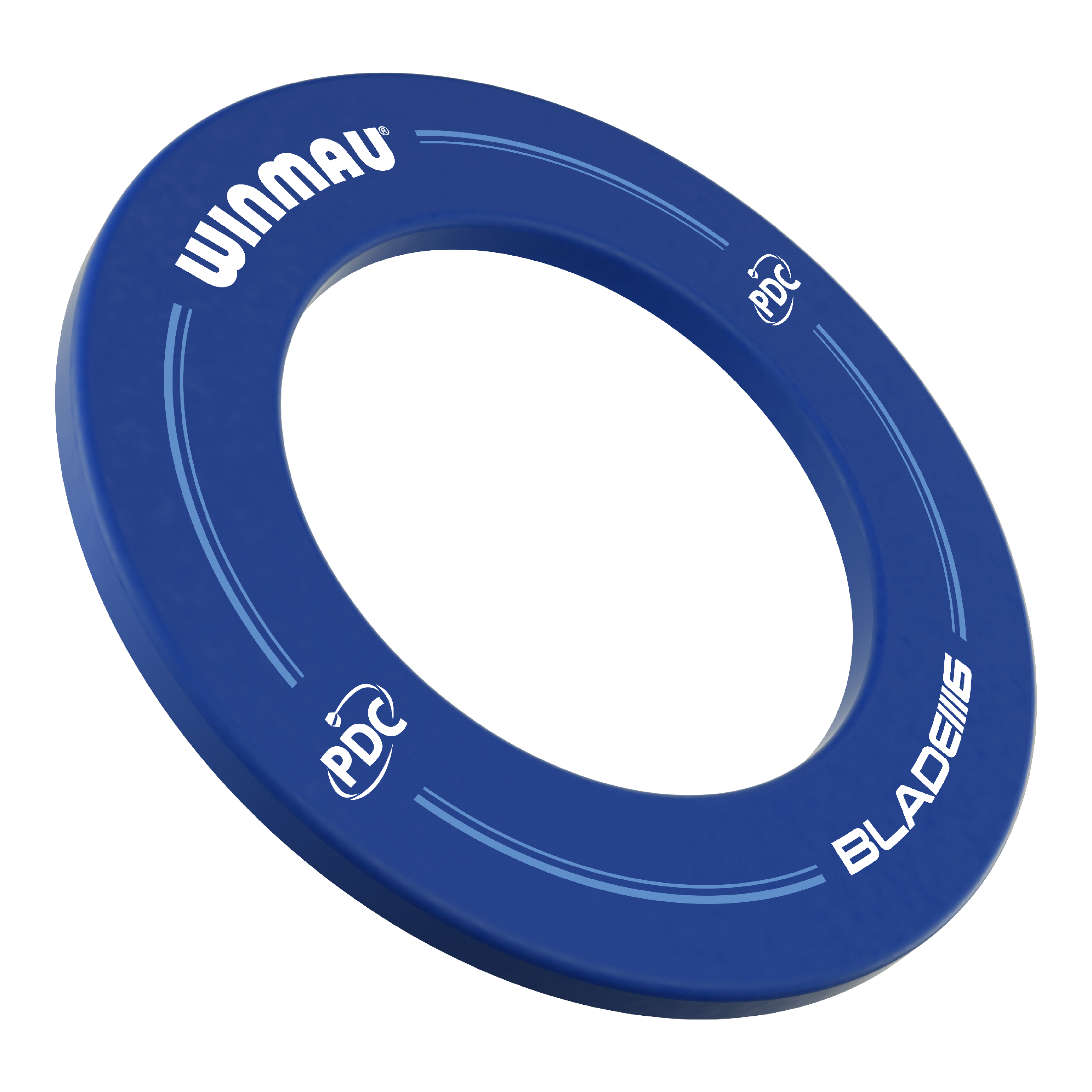 Winmau PDC Dartboard Surround - Blue Auf dem Bild ist ein blauer Dartboard-Surround der Marke Winmau zu sehen. Die Aufschrift enthält die Logos von Winmau, PDC und Blade 6.
