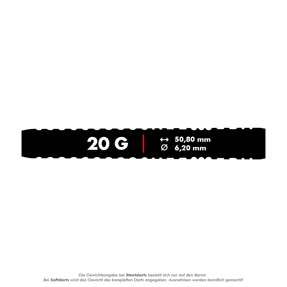 Red Dragon Peter Wright Copper Fusion Soft Darts - 20g Das Bild zeigt die Produktbeschreibung für "Red Dragon Peter Wright Copper Fusion Softdarts - 20g". Die Abmessungen des Darts sind 50,80 mm Länge und 6,20 mm Durchmesser.