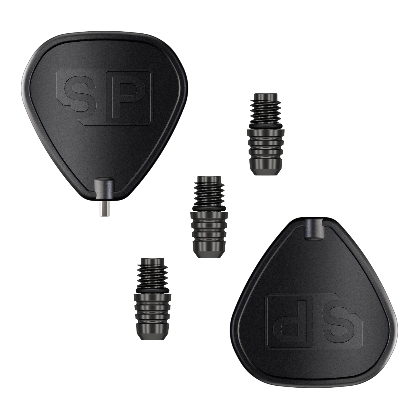 Target Swiss Point 2BA Converter - Black Das Bild zeigt den Target Swiss Point 2BA Converter in Schwarz. Es sind zwei schwarze Adapter und drei kleine Verbindungsteile abgebildet.