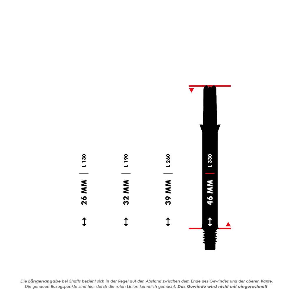 L-L-Style-Shafts Silent Straight - Black Das Bild zeigt vier unterschiedlich lange Dartschäfte mit Längenangaben in Millimetern (26 mm, 32 mm, 39 mm und 46 mm). Die Messpunkte für die Längen sind durch rote Linien markiert, und das Gewinde wird bei der Längenermittlung nicht mit einberechnet.