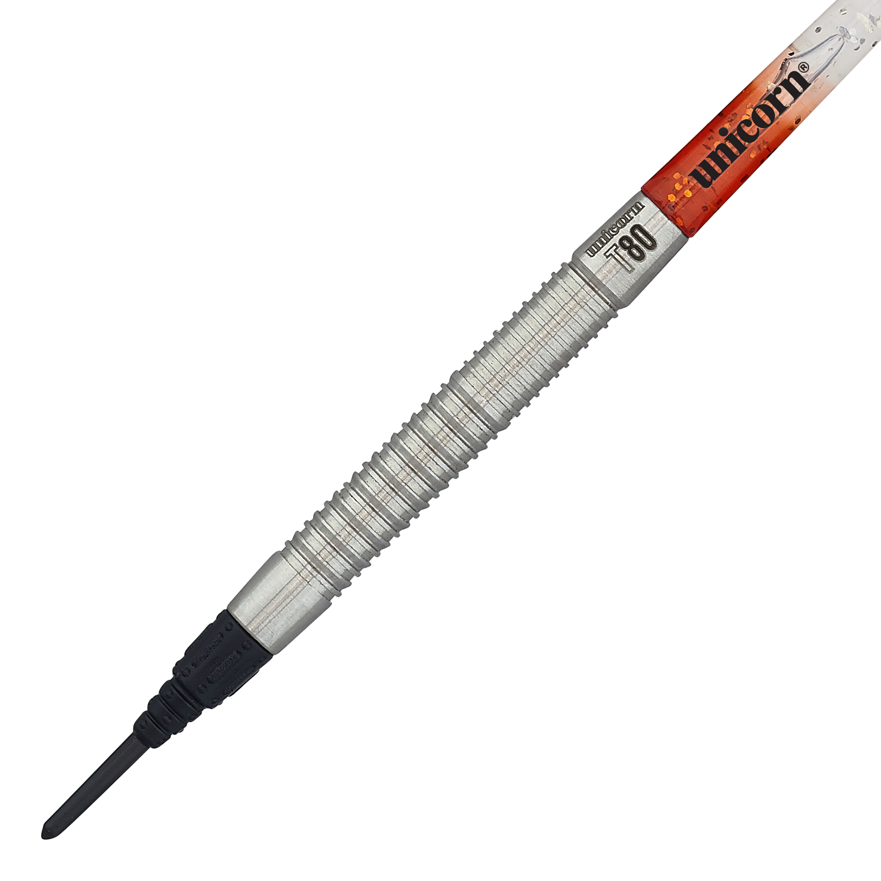 Unicorn Core XL Striker Style 1 Soft Darts - 19g Das Bild zeigt einen Unicorn Core XL Striker Style 1 Softdart mit 19 Gramm Gewicht. Der Dart hat einen silbernen, geriffelten Griff und eine schwarze Softspitze.