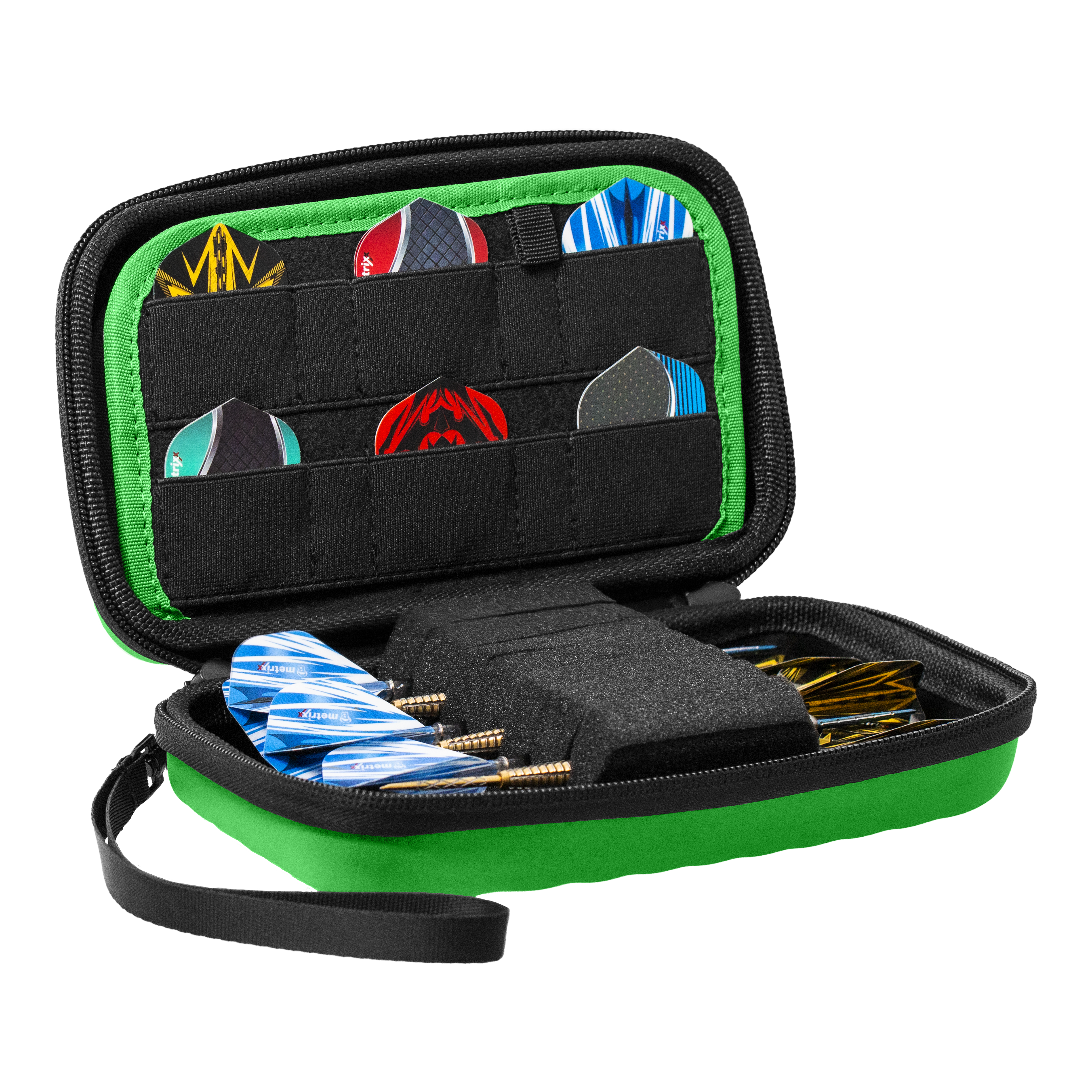 Bulls Orbis XL Dartcase - Green Das Bulls Orbis XL Dartcase in Grün ist auf dem Bild zu sehen. Es bietet ausreichend Stauraum für verschiedene Dartteile.