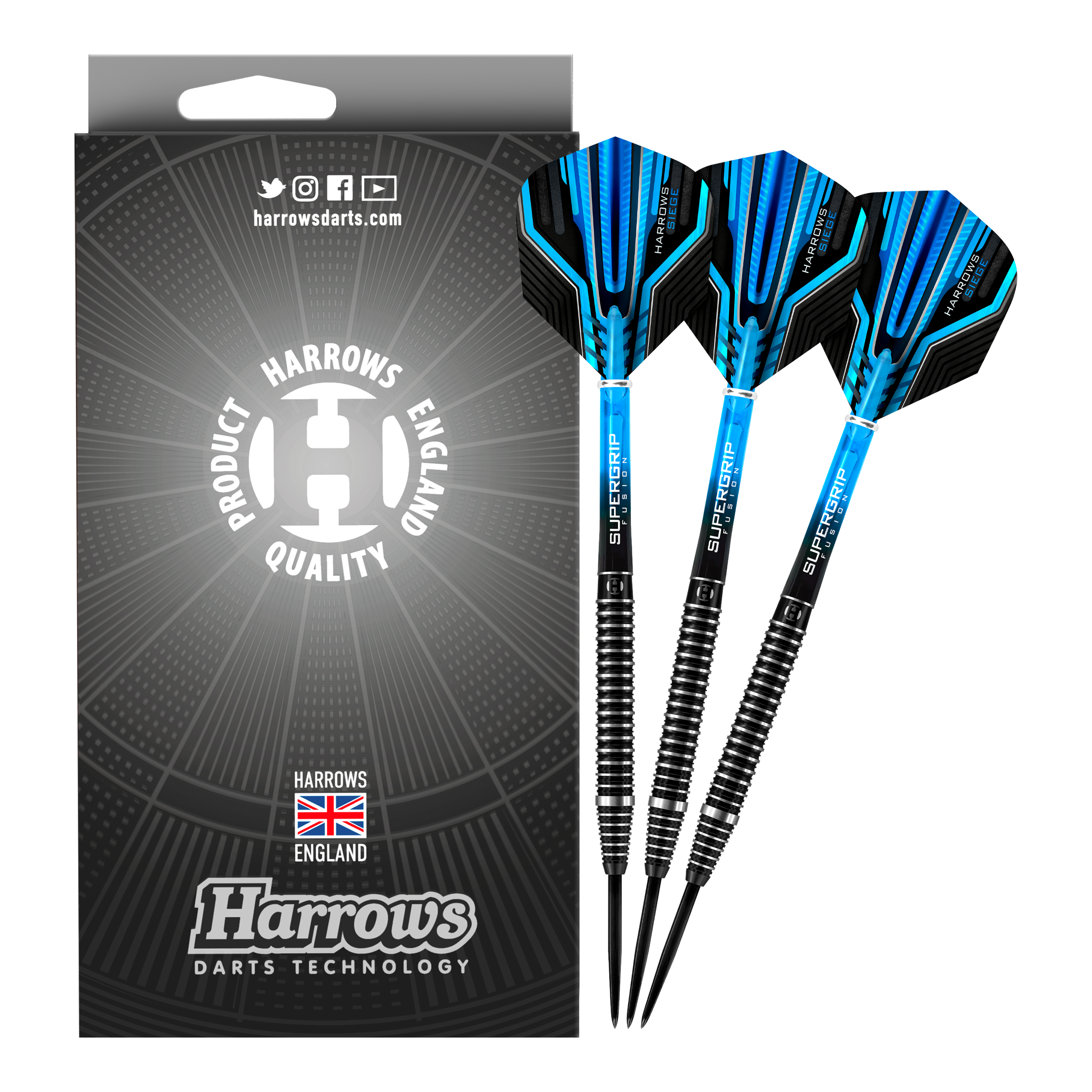 Harrows Siege Steeldarts Auf dem Bild sind drei Harrows Siege Steeldarts mit blauen und schwarzen Flights zu sehen. Daneben steht die Verpackung mit dem Harrows-Logo und dem Hinweis "Harrows England Quality Product".