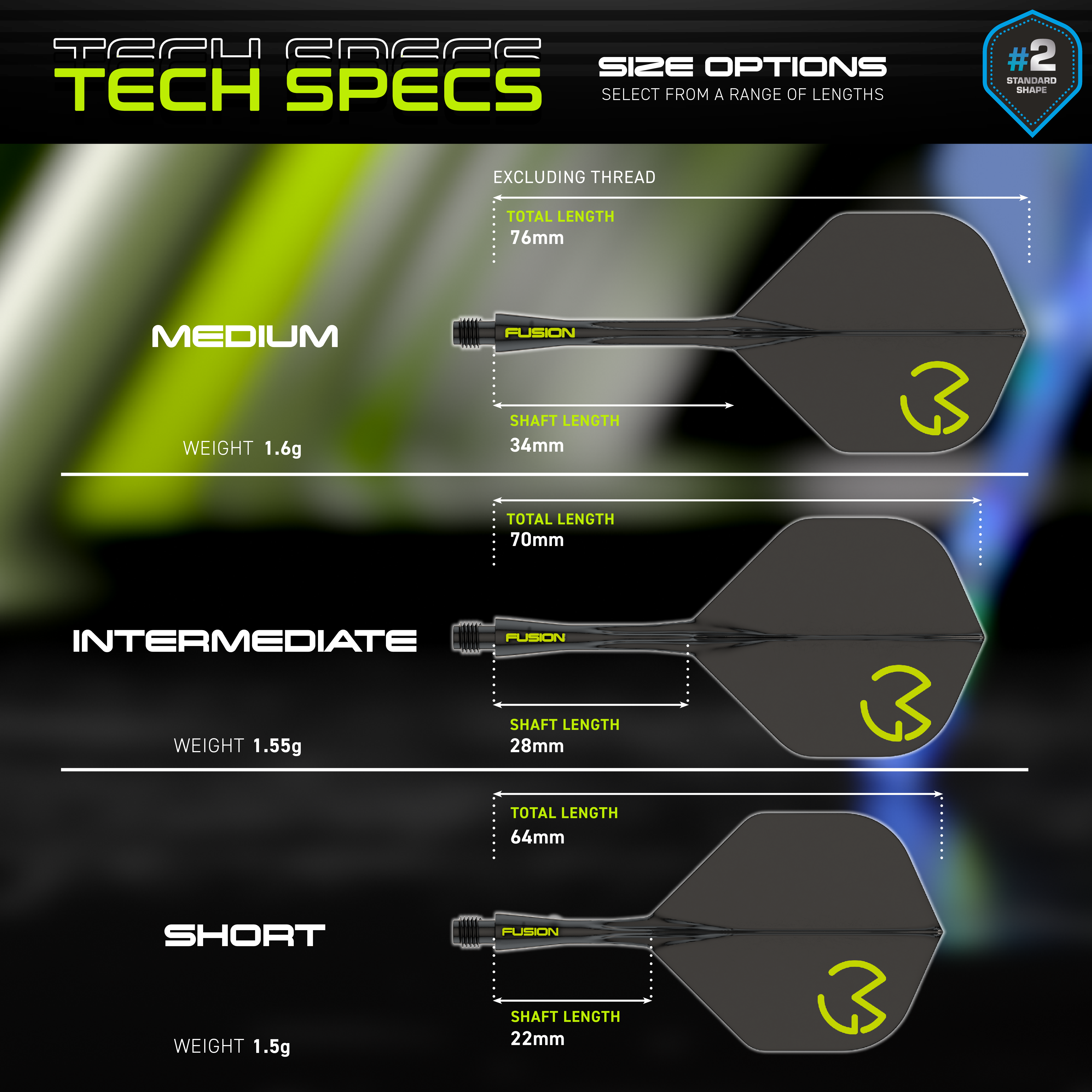 Das Bild zeigt die technischen Spezifikationen des Winmau Fusion Flight-Shaft-Systems Michael Van Gerwen Pacman No2 Standard. Es werden drei Größenoptionen (Medium, Intermediate, Short) mit ihren jeweiligen Längen und Gewichten dargestellt.