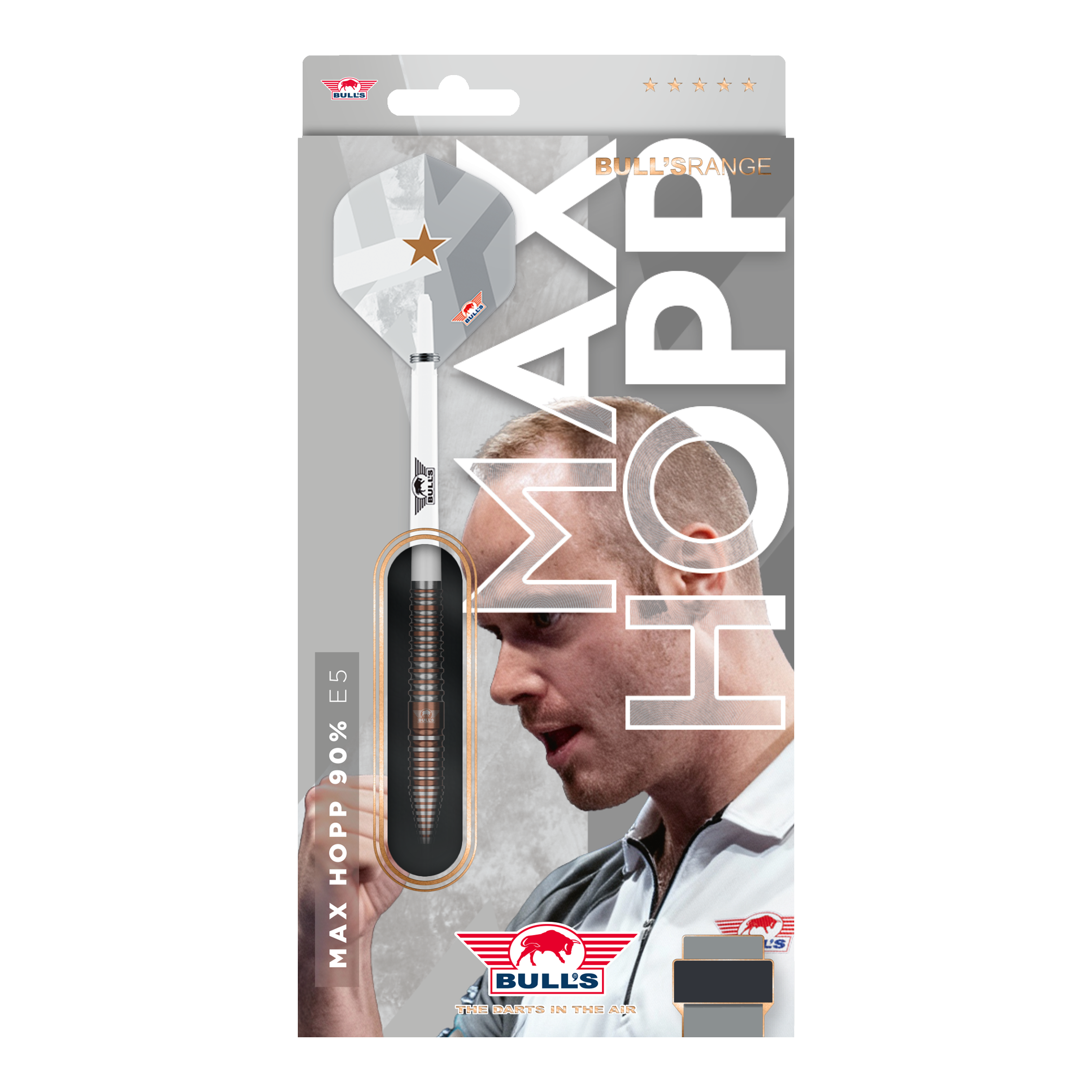 Das Bild zeigt die Bulls NL Max Hopp E5 Softdarts in der Version mit 20 Gramm. Die Darts zeichnen sich durch ihre hochwertige Verarbeitung aus.