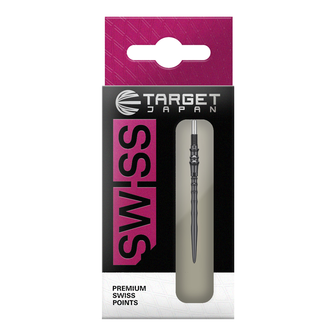 Das Bild zeigt die Target Japan Premium Swiss Point Steldartspitzen - Schwarz. Es handelt sich um hochwertige Steeldartspitzen für präzises Dartspiel.