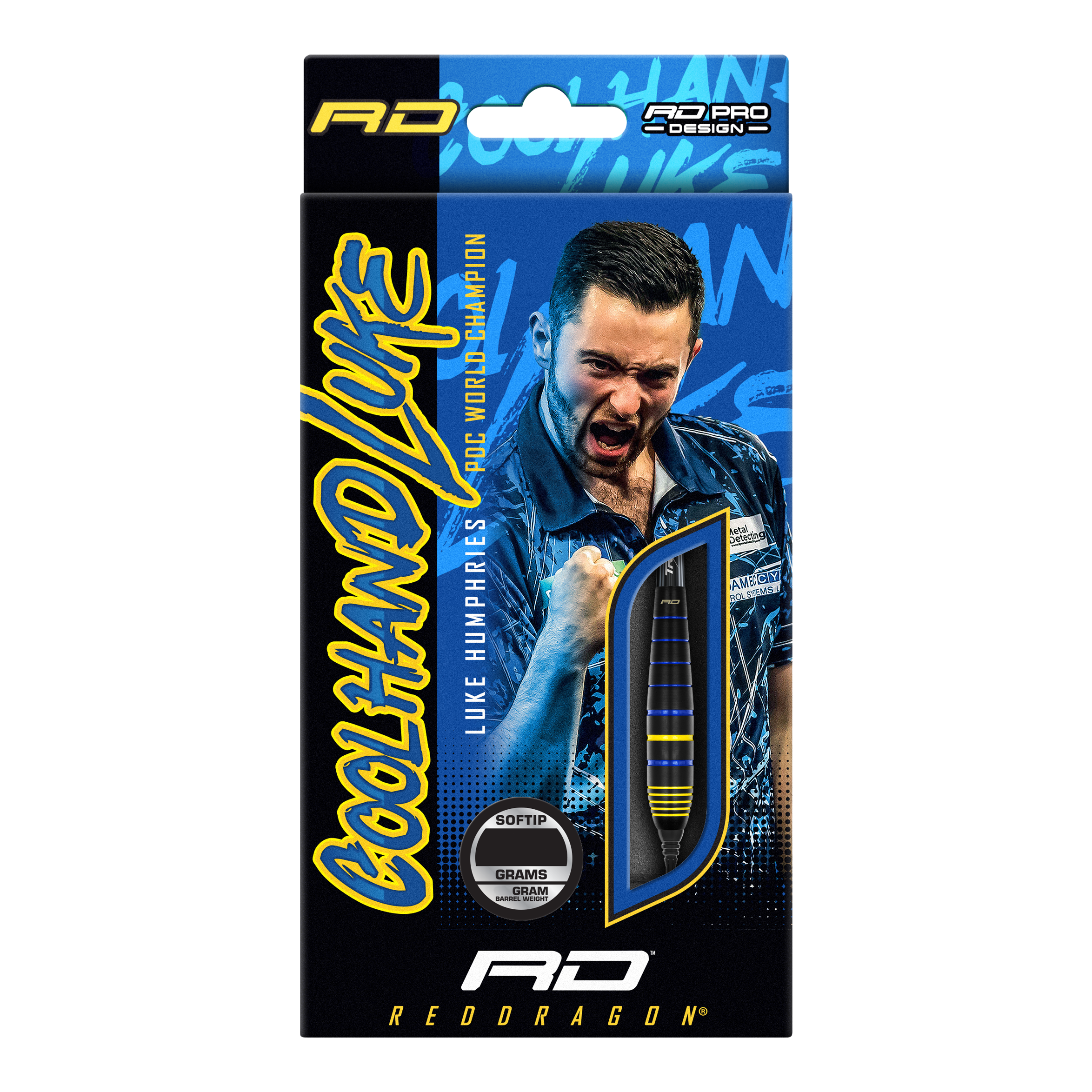 Red Dragon Luke Humphries World Champion Brass Softdarts - 20g Auf der Verpackung ist der Red Dragon Luke Humphries World Champion Brass Softdart mit 20g zu sehen. Im Hintergrund befindet sich ein jubelnder Mann in blauem Hemd.