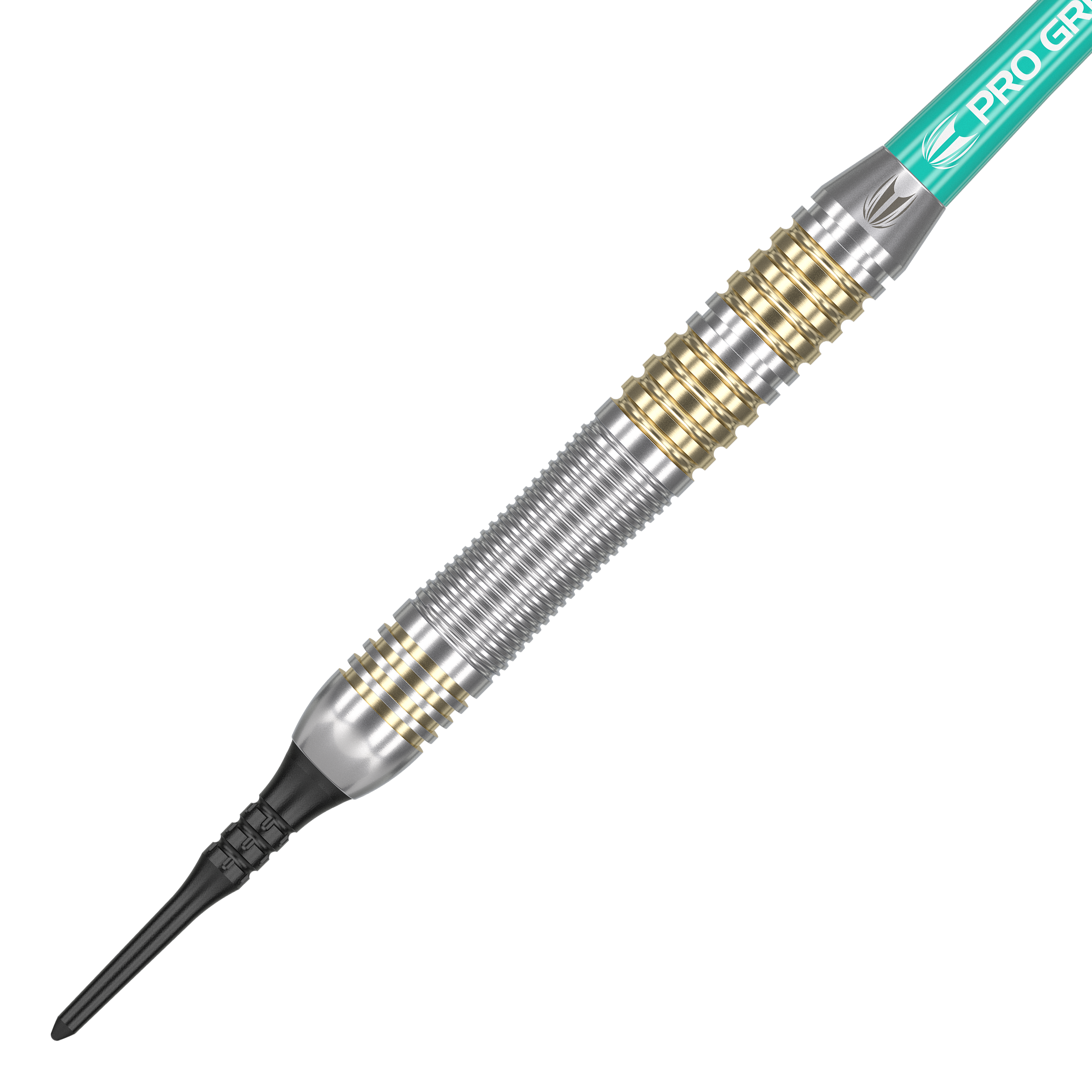 Target Rob Cross Brass Soft Darts - 18g Das Bild zeigt einen Target Rob Cross Brass Softdart mit einem Gewicht von 18 Gramm. Der Dartpfeil hat ein silbernes und goldenes Rillen-Design sowie eine schwarze Kunststoffspitze.