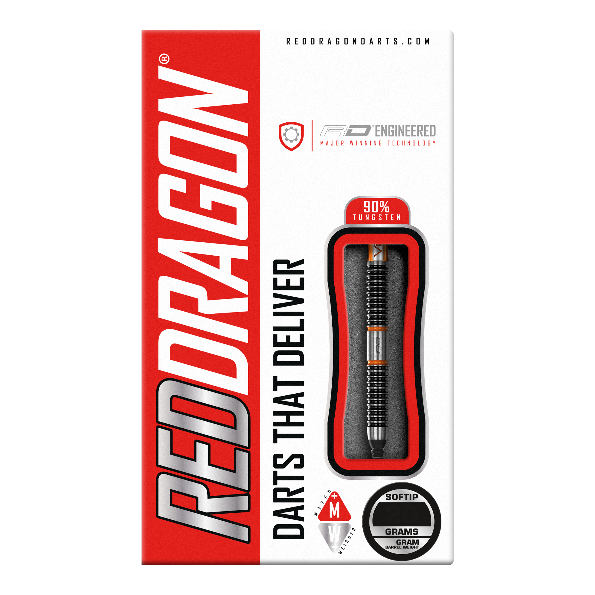 Red Dragon Amberjack 18 soft darts - 20g Auf dem Bild ist die Verpackung der "Red Dragon Amberjack 18 Softdarts - 20g" zu sehen. Die Verpackung ist überwiegend rot und weiß und zeigt einen Softdart mit 90% Tungsten.
