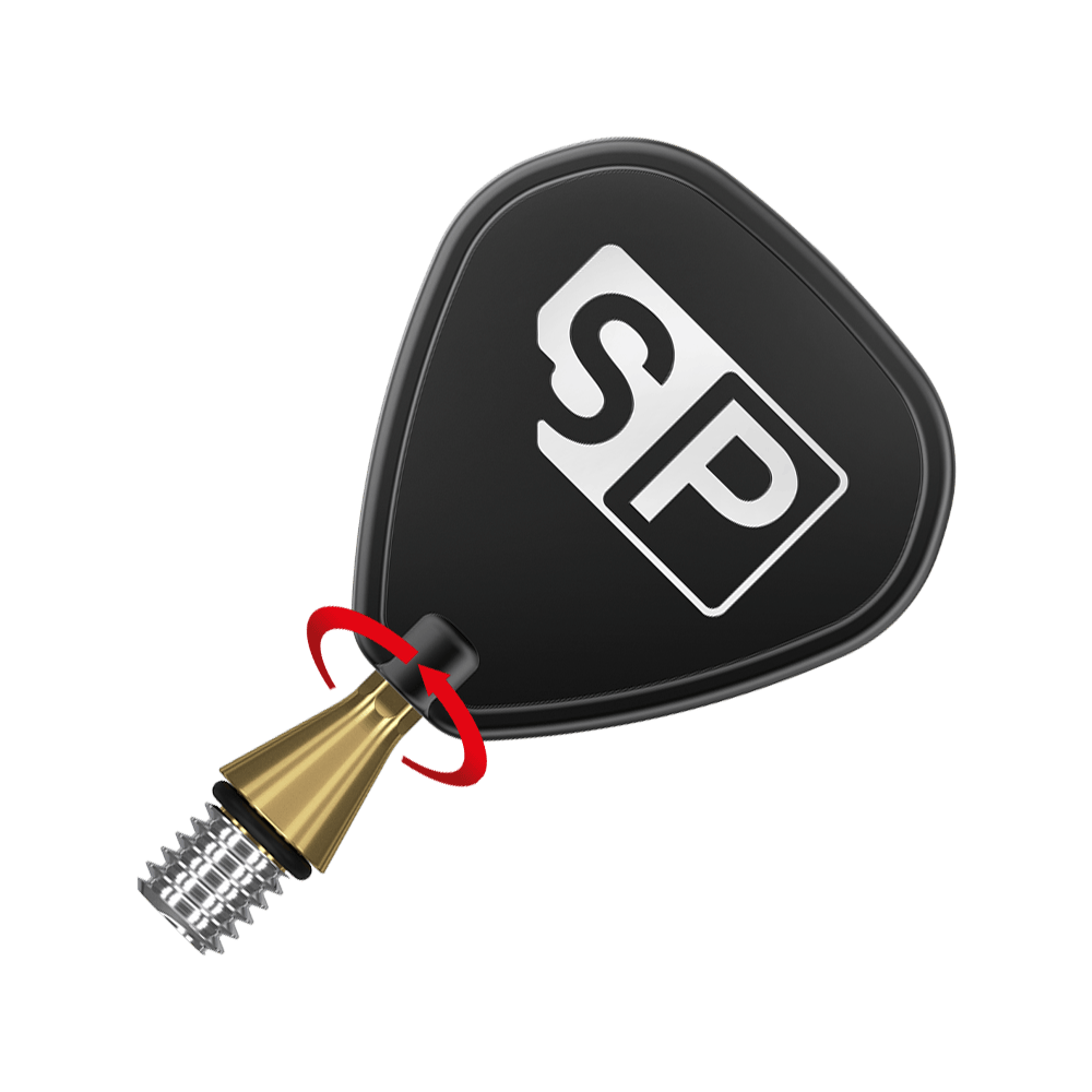 380166_Target_Titanium_Swiss_Point_Nano_Conversion_Points_Gold_3 Das Bild zeigt die Target Swiss Point Nano Conversion Points in Goldfarbe. Im Vordergrund ist die goldene Spitze mit einem schwarzen Flight und dem weißen "SP"-Logo zu sehen.