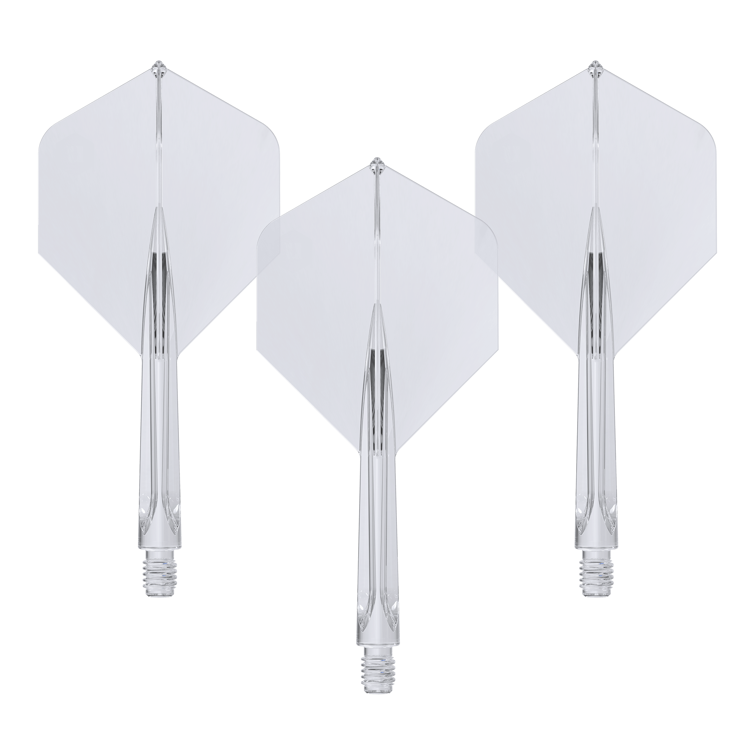 Unicorn Forge All In One Plus No2 Standard Flights Clear - Medium Das Bild zeigt drei klare, mittellange Unicorn Forge All In One Plus No2 Standard Flights. Sie sind durchsichtig und haben eine integrierte Flight- und Schaft-Konstruktion.