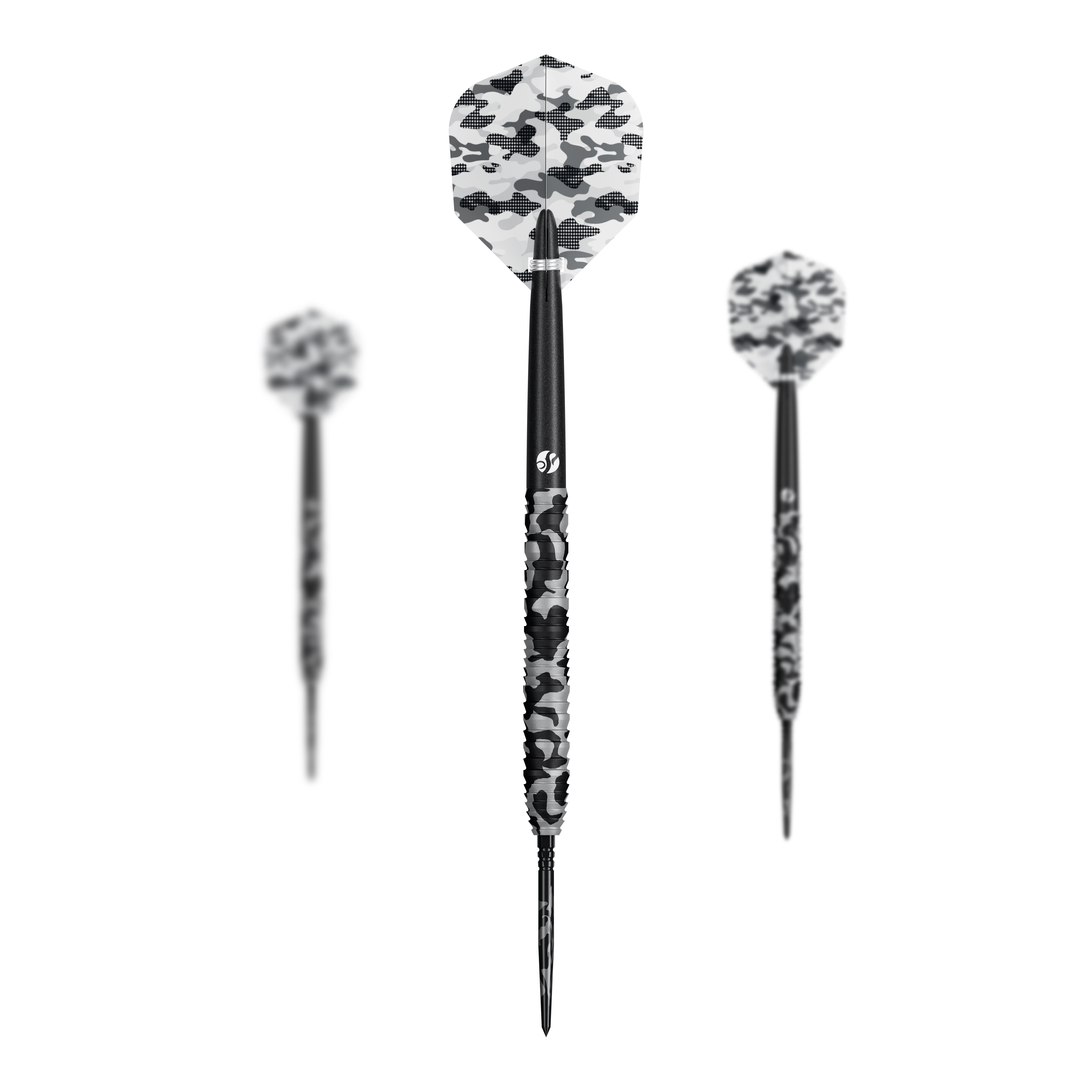 Abgebildet ist ein Set Shot Camo Polar TurboPoint Steeldarts. Die Darts sind aufgereiht und dekorativ gestaltet.