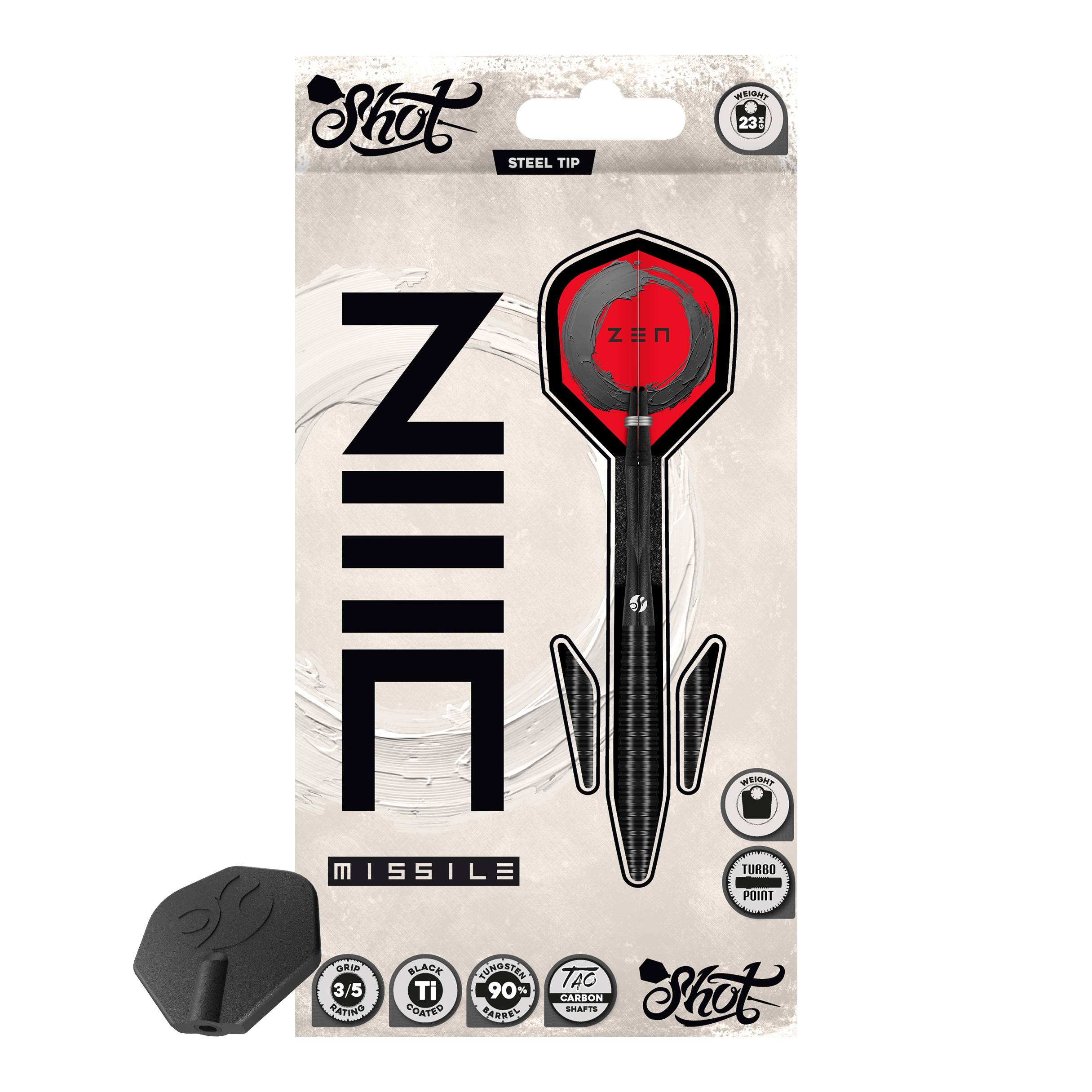 Shot ZEN Missile Turbo Point Steeldarts - 23g Das Bild präsentiert die Shot ZEN Missile Turbo Point Steeldarts - 23g. Diese sind besonders präzise und griffig gestaltet.