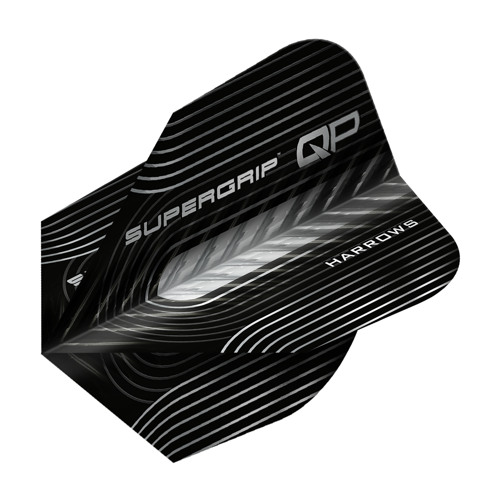 Hier sieht man Harrows Supergrip QP No6 Flights. Das Produkt bietet hochwertige Dartflights für besseren Halt.