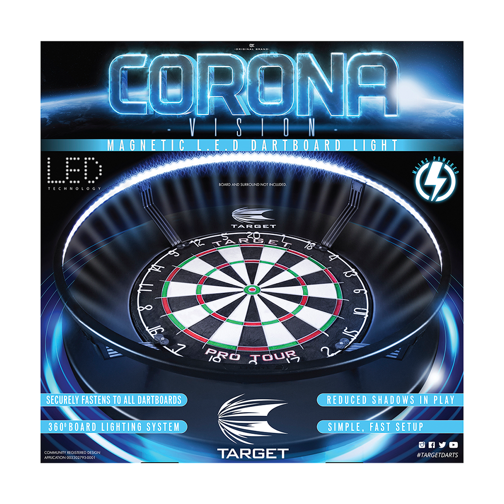 Das Bild zeigt das Produkt „Target CORONA Vision LED Dartboard Lighting System“, das einen Dartboard-Beleuchtungsring darstellt. Es hebt die LED-Technologie und eine gleichmäßige Ausleuchtung für weniger Schatten beim Dartspielen hervor.