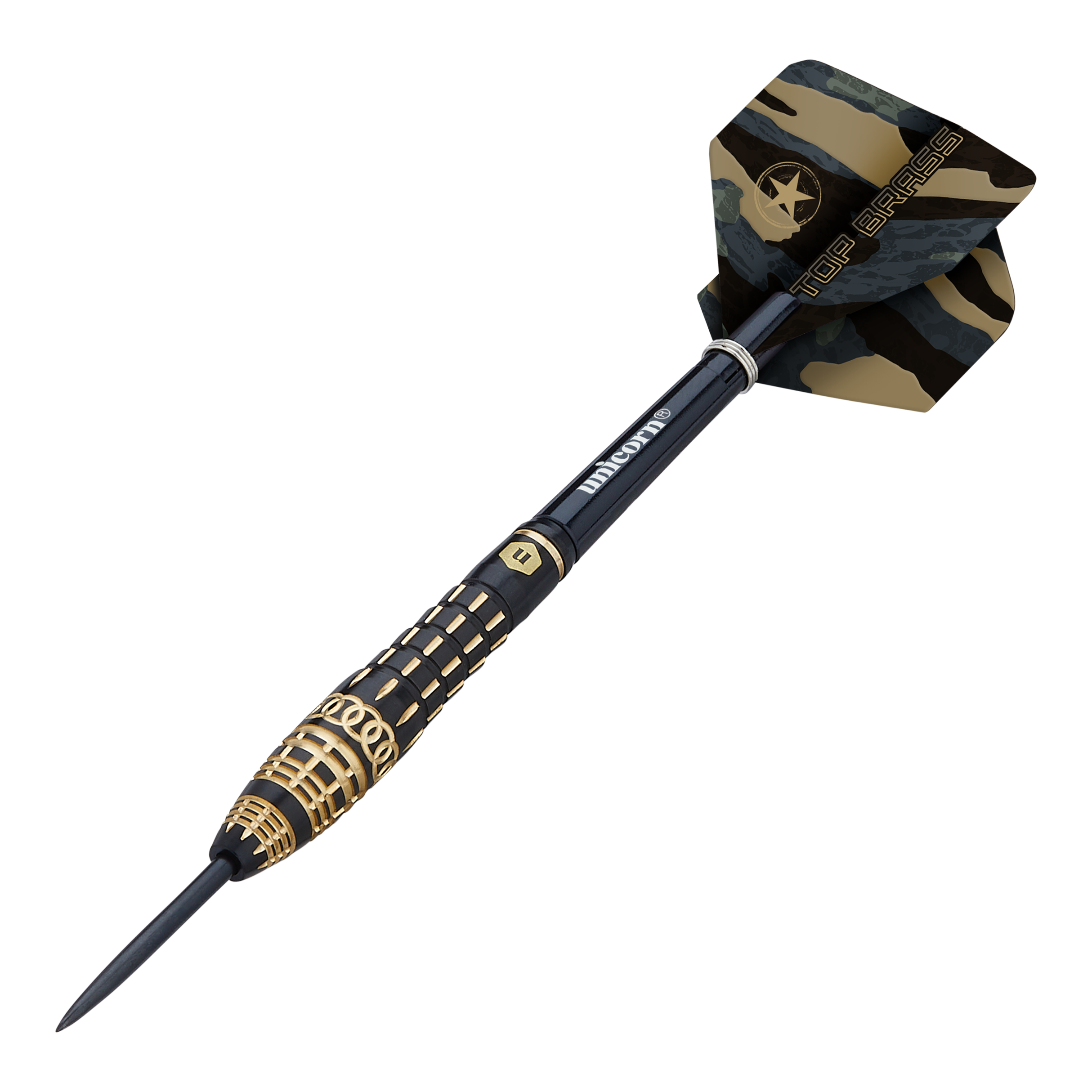 Unicorn Top Brass V4 Steeldarts - 20g Der "Unicorn Top Brass V4 Steeldart - 20g" ist ein eleganter Dartpfeil mit goldenen und schwarzen Akzenten. Am Flight steht "TOP BRASS" auf einem Camouflage-Muster.