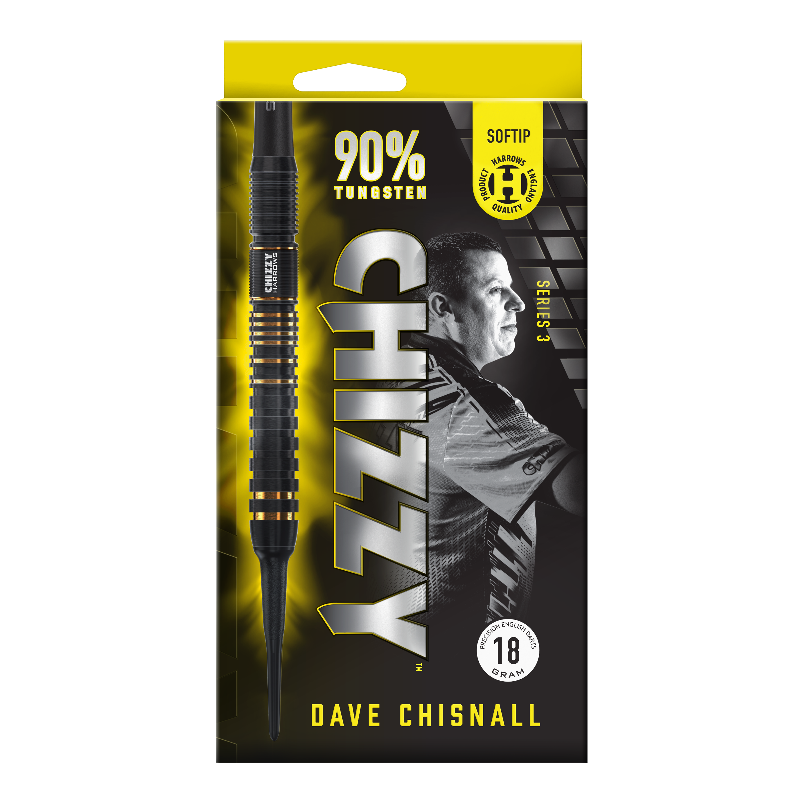 Harrow's Dave Chisnall Chizzy Series 3 soft darts Das Bild zeigt die Verpackung der "Harrows Dave Chisnall Chizzy Series 3 Softdarts". Auf der Verpackung stehen Informationen wie "90% Tungsten", "Softtip" und das Gewicht von 18 Gramm.