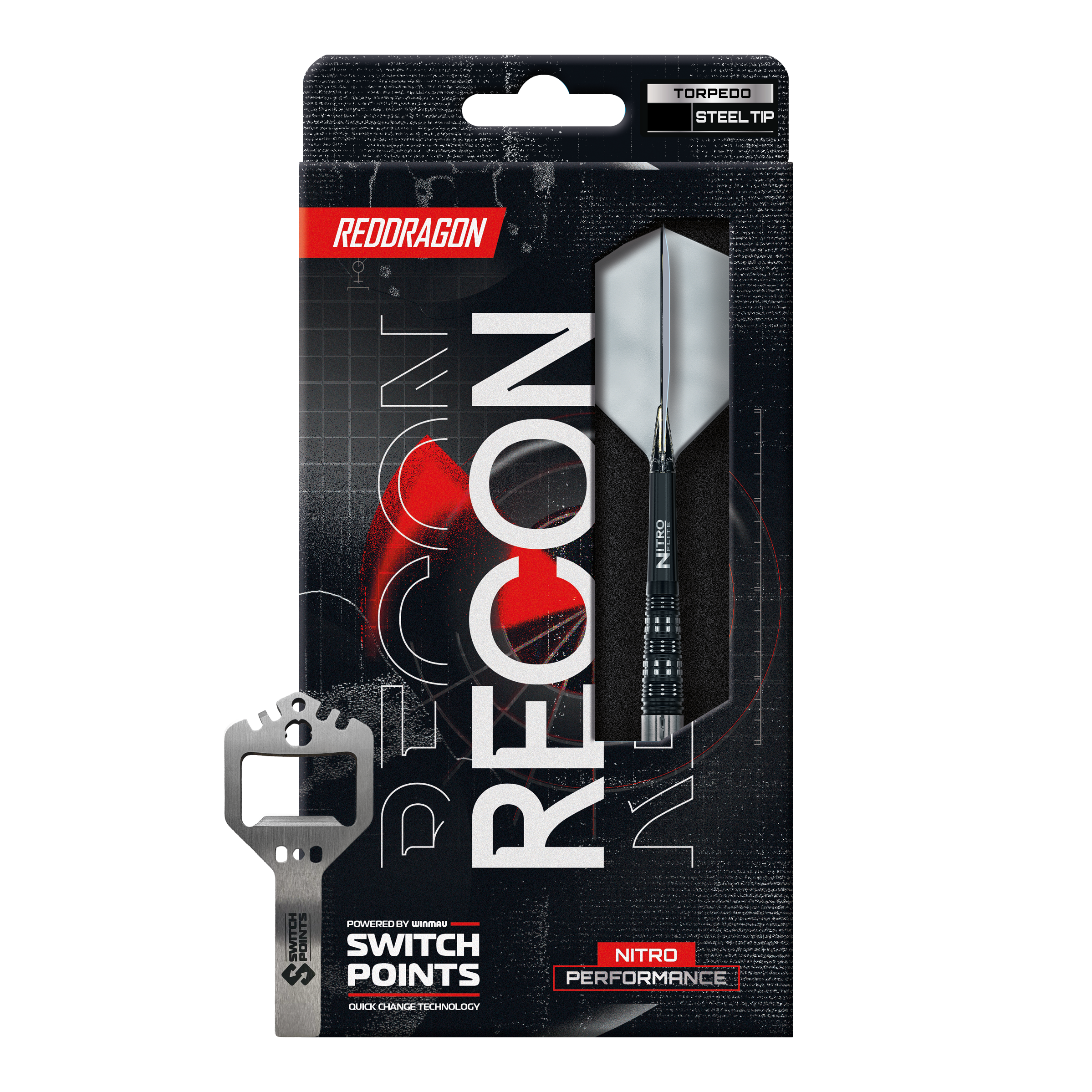 Auf dem Bild sind die Red Dragon Recon Torpedo Steeldarts - 23g zu erkennen. Die Steeldarts liegen parallel zueinander.