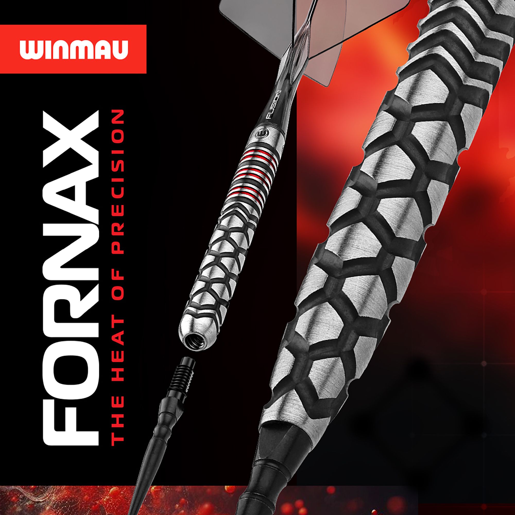 Zu sehen sind die Winmau Fornax Parallel Switch Point Steeldarts. Die Darts besitzen eine gerade Form und ermöglichen hohe Präzision.