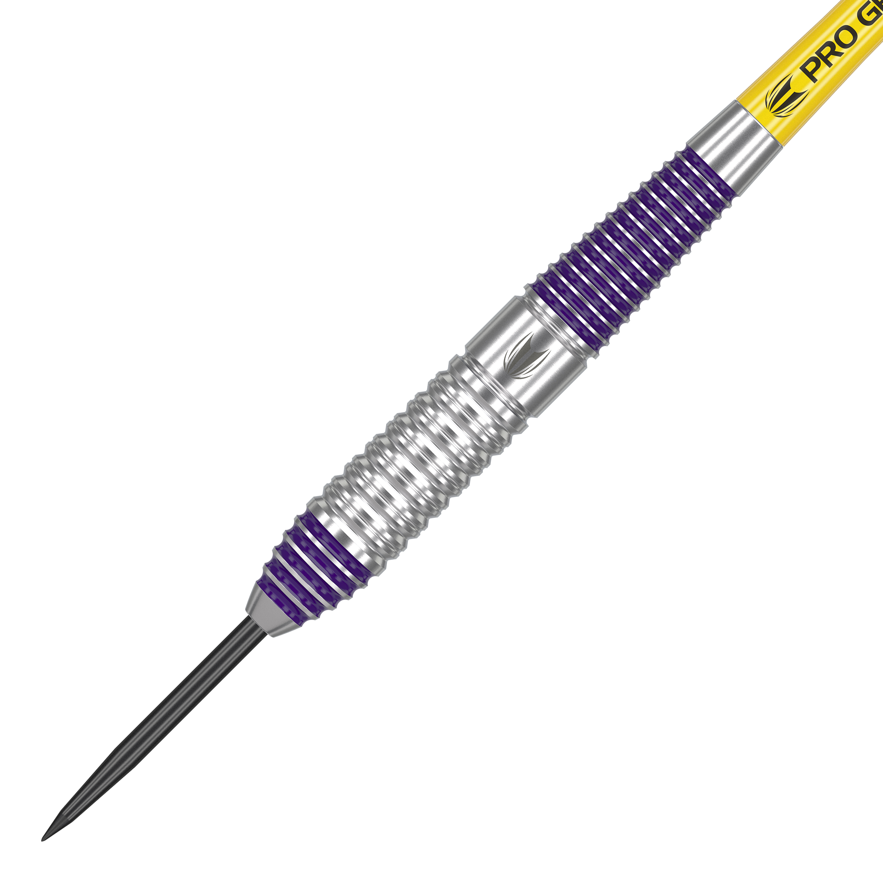 Target Luke Littler Brass Steel Darts - 22g Das Bild zeigt einen Target Luke Littler Brass Steeldart mit einem Gewicht von 22g. Der Dart hat silberne und violette Rillen am Griff sowie eine gelbe Beschriftung am Schaft.