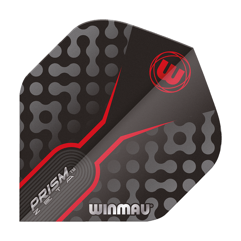6915-306_Winmau_Prism_Zeta_GreyRed_Standard_Flights_1 Das Bild zeigt das Produkt "Winmau Prism Zeta GreyRed Standard Flights". Das Flight ist in den Farben Grau, Rot und Schwarz mit modernen Mustern gestaltet.