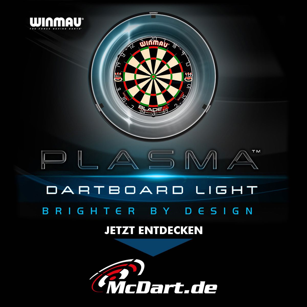 11398_Winmau_Plasma_LED_Dartboard_Light_admedia Das Bild zeigt eine Werbung für ein Winmau Plasma Dartboard Light. Unten steht „JETZT ENTDECKEN“ und das Logo von McDart.de.