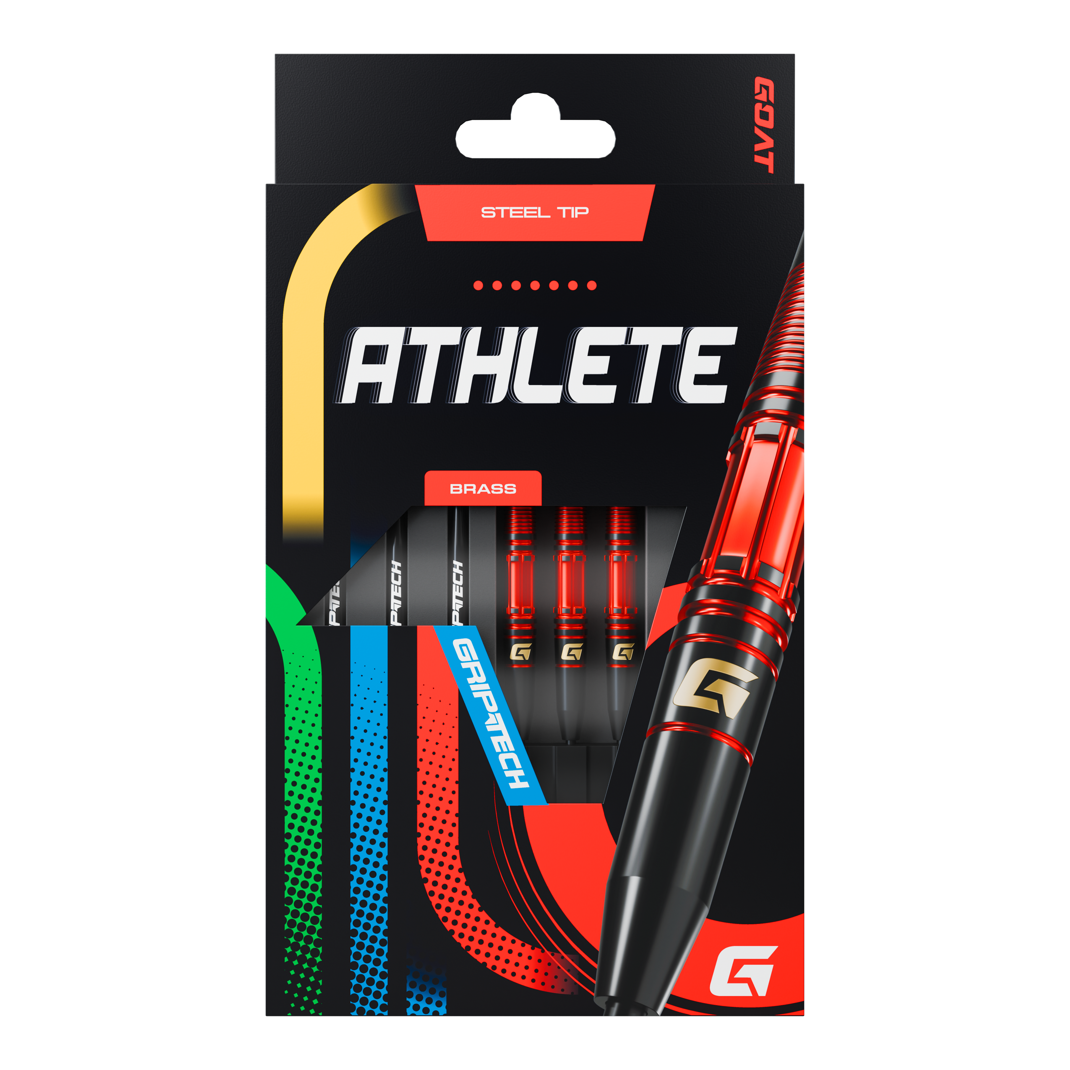 GOAT Athlete Red Brass Steeldarts - 11g Das Bild zeigt die Verpackung der GOAT Athlete Red Brass Steeldarts mit einem Gewicht von 11g. Die Darts haben eine rote und schwarze Farbgebung und verfügen über eine Stahlspitze.