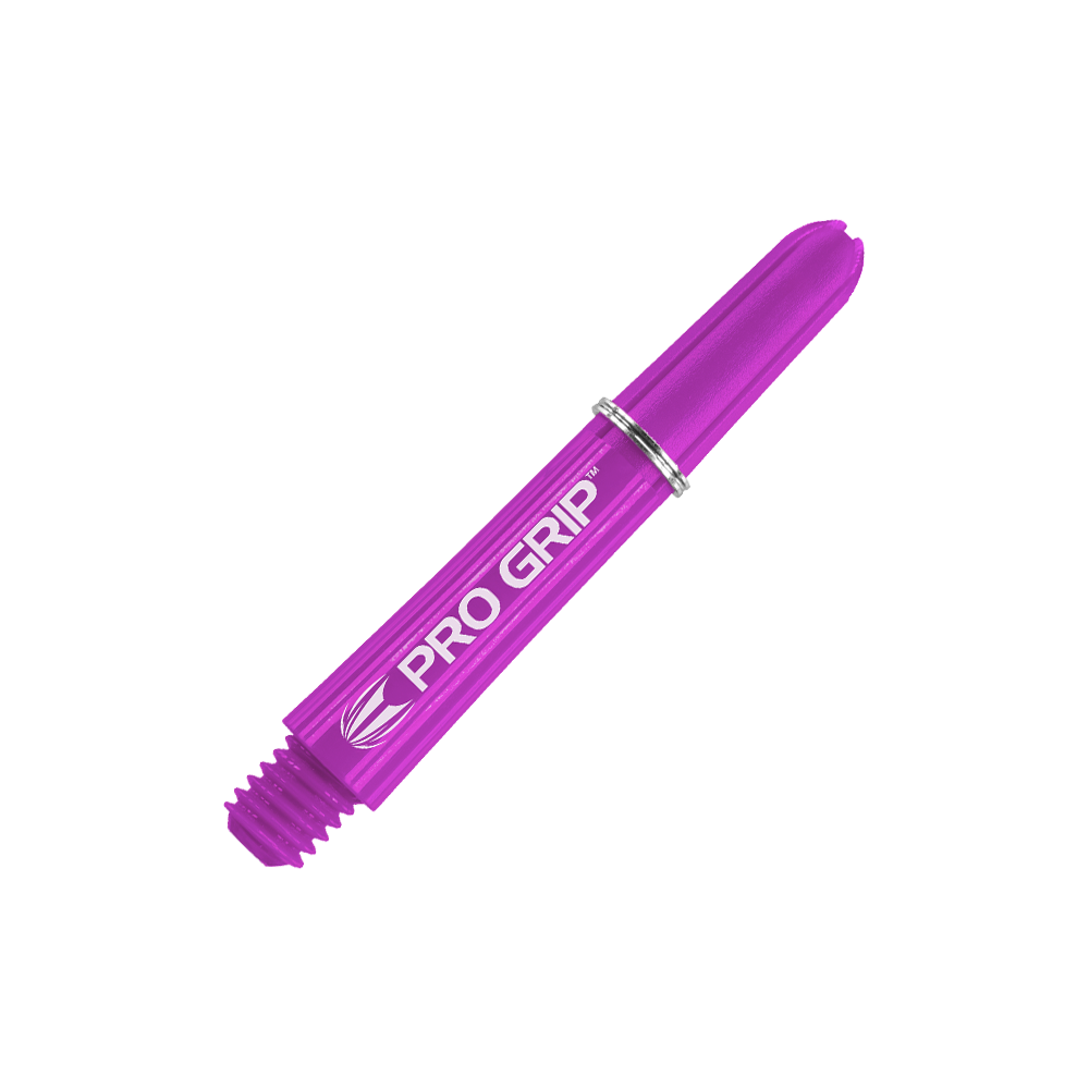 Target Pro Grip Shafts - 3 Sets - Purple Dies ist ein lila Dart-Schaft mit der Aufschrift "PRO GRIP". Er hat eine Länge von 34 mm und einen silbernen Ring.