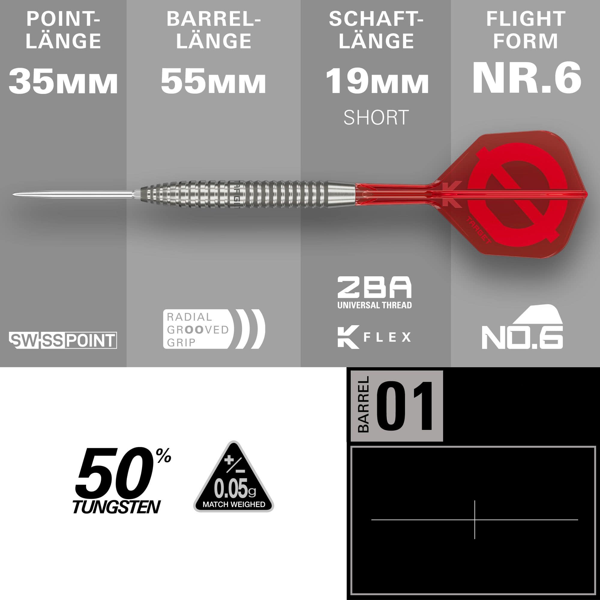 Target Group O 02 Swiss Points Steel Darts Abgebildet sind die Target Group O 02 Swiss Points Steeldarts. Die Nahaufnahme zeigt die Oberflächenstruktur.