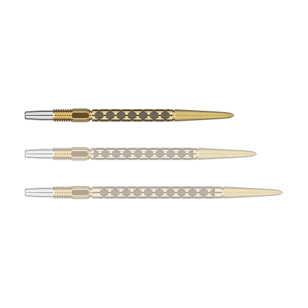 Target Swiss FLT Point Dart Tips - Gold Eine kurze goldene Dartspitze wird einzeln dargestellt. Sie liegt quer auf hellem Hintergrund.