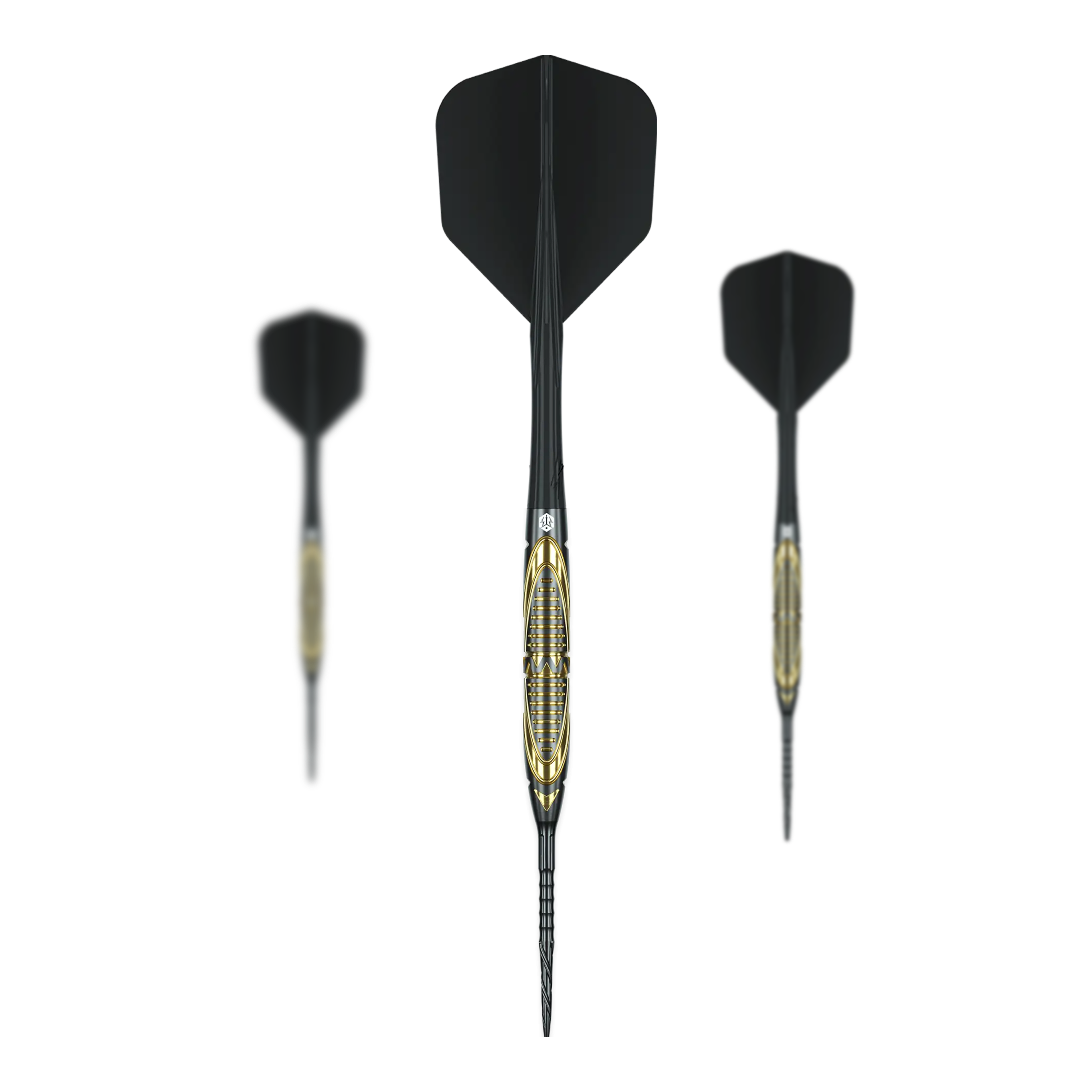 Caliburn Halo H2 steel darts - 22.5g Auf dem Foto sind die Caliburn Halo H2 Steeldarts - 22,5g als komplettes Set zu sehen. Die Steeldarts liegen nebeneinander angeordnet.