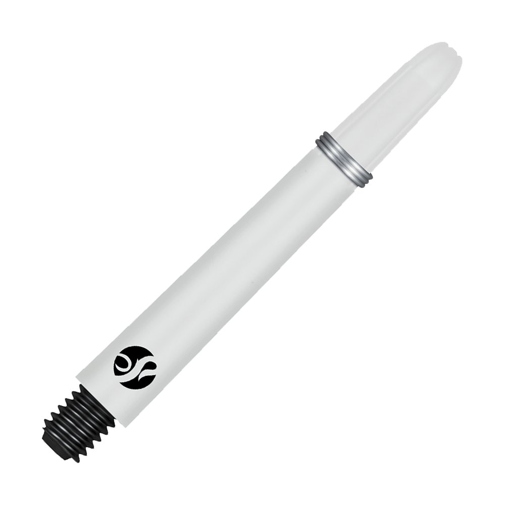 Shot Koi Carbon Shafts - White Das Bild zeigt einen weißen Carbon-Schaft mit einem schwarzen Gewinde und silbernem Ring. Auf dem Schaft ist ein schwarzes Logo zu sehen.