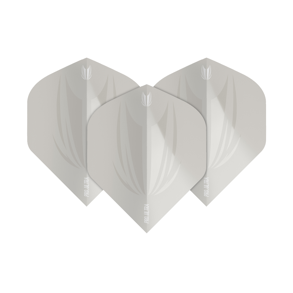 TG416_Target_ProUltra_ID_Grey_No2_Standard_Flights_19hWHhzA2IPzxE Das Bild zeigt drei graue Dartflights des Modells "Target ProUltra ID Grey No2 Standard Flights". Die Flights haben ein modernes, dezentes Design mit weißen Akzenten und dem "Pro Ultra"-Schriftzug.