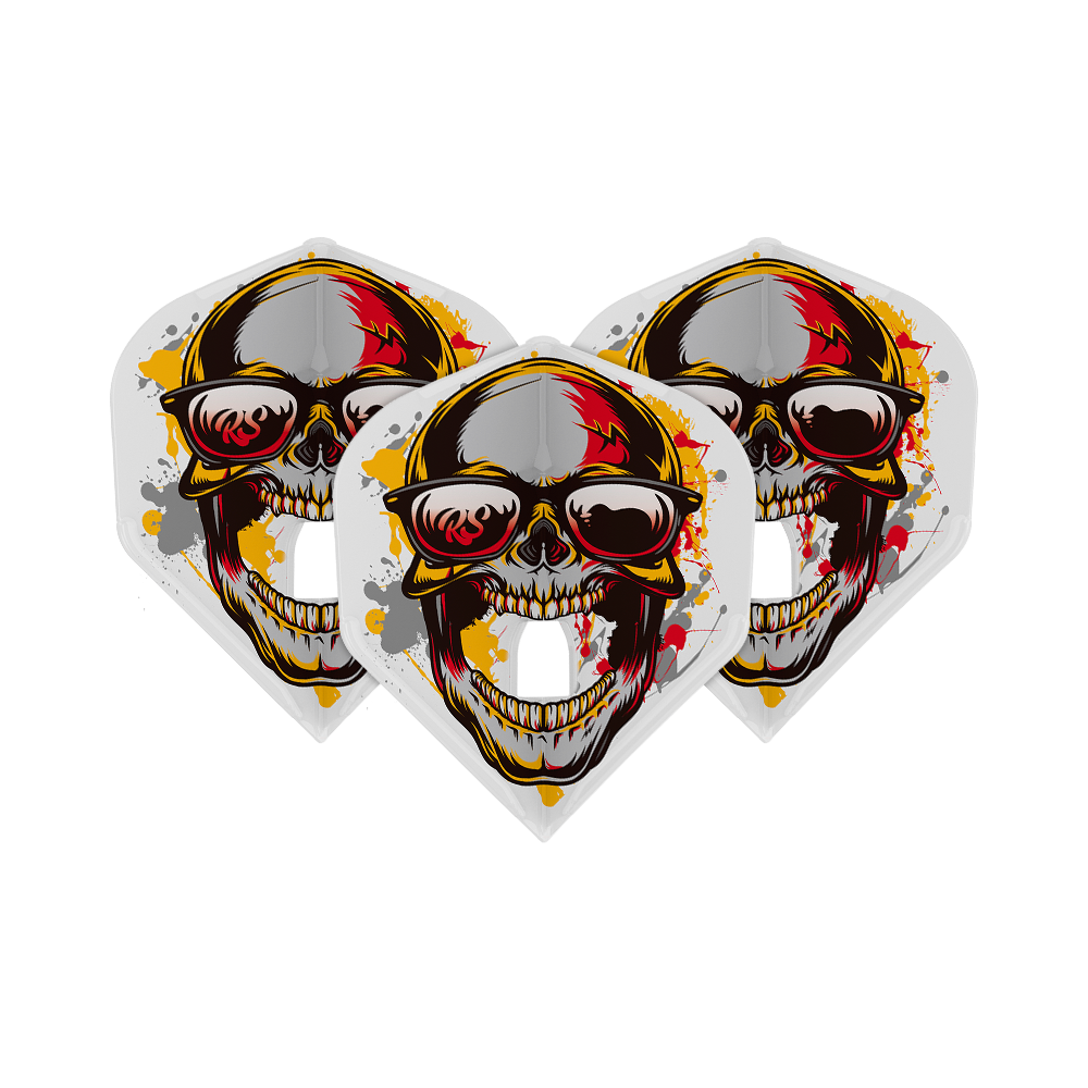 L-Style Marijanovic V1 L1PRO Standard Flights Das Bild zeigt drei L-Style Marijanovic V1 L1PRO Standard Flights. Auf jedem Flight ist ein auffälliger Totenkopf mit Sonnenbrille und bunten Farbeffekten abgebildet.