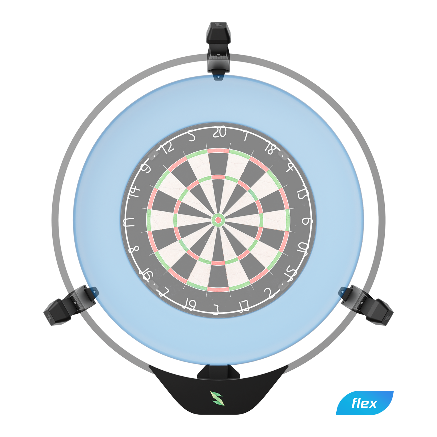 Scolia Home 2 FLEX - Electronic Autoscoring System 2026 Das Bild zeigt das Produkt "Scolia Home 2 FLEX - Electronic Score System". Es handelt sich um ein elektronisches Punktesystem für eine Dartscheibe, das von einem runden Rahmen mit blauer Beleuchtung umgeben ist.