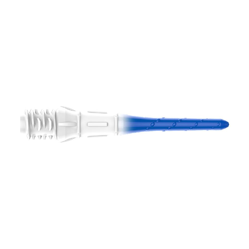 L-Style Premium Lippoint Gradiation Dart Tips (Pack of 30) Das Bild zeigt eine Dartspitze mit einem Farbverlauf von Weiß zu Blau. Die Spitze hat kleine Einkerbungen entlang des blauen Teils.