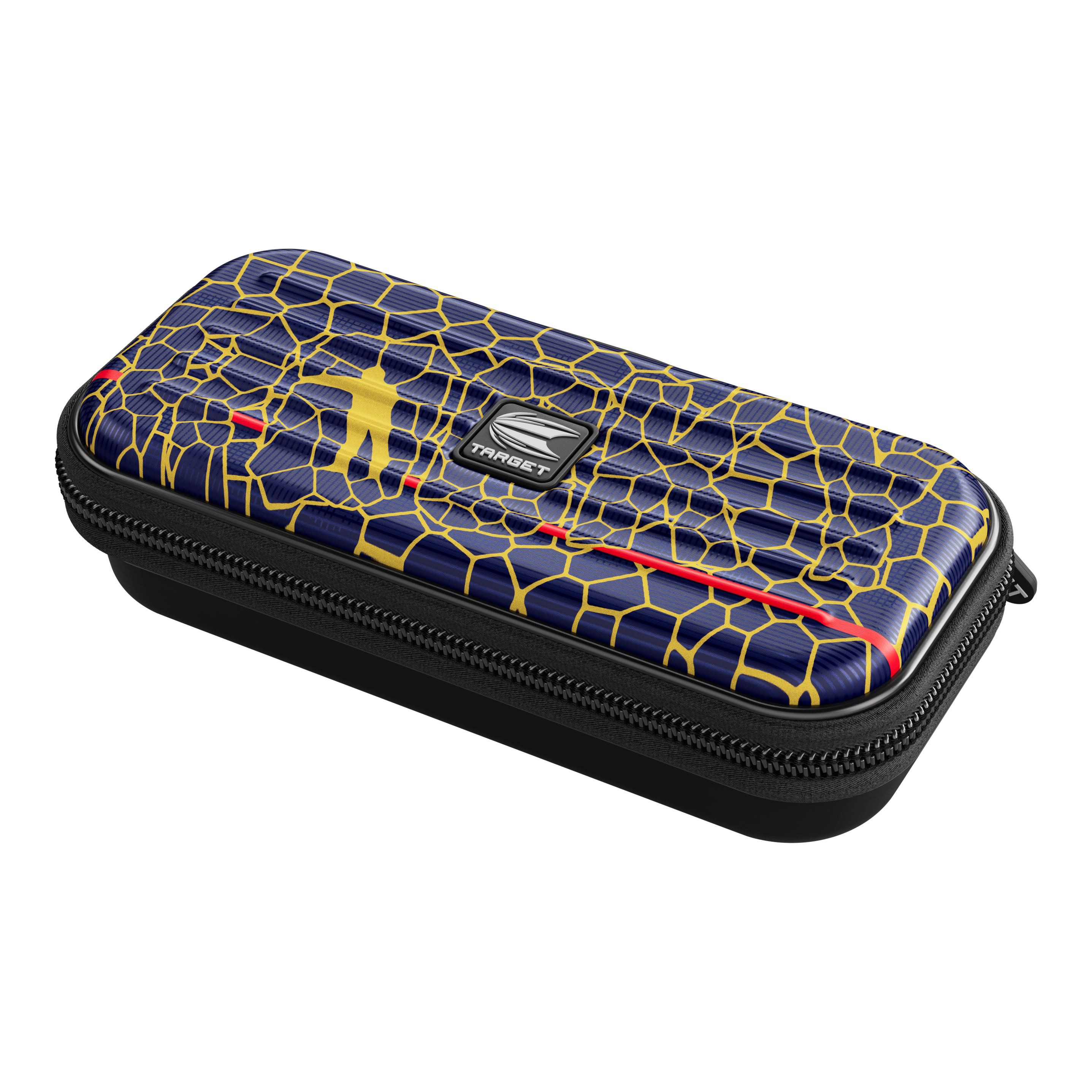 Target Takoma Josh Rock dart case Das Bild zeigt das Produkt "Target Takoma Josh Rock Dartcase". Das Dartcase hat ein auffälliges Design mit gelben Linien auf dunkelblauem Hintergrund und einem kleinen Logo in der Mitte.