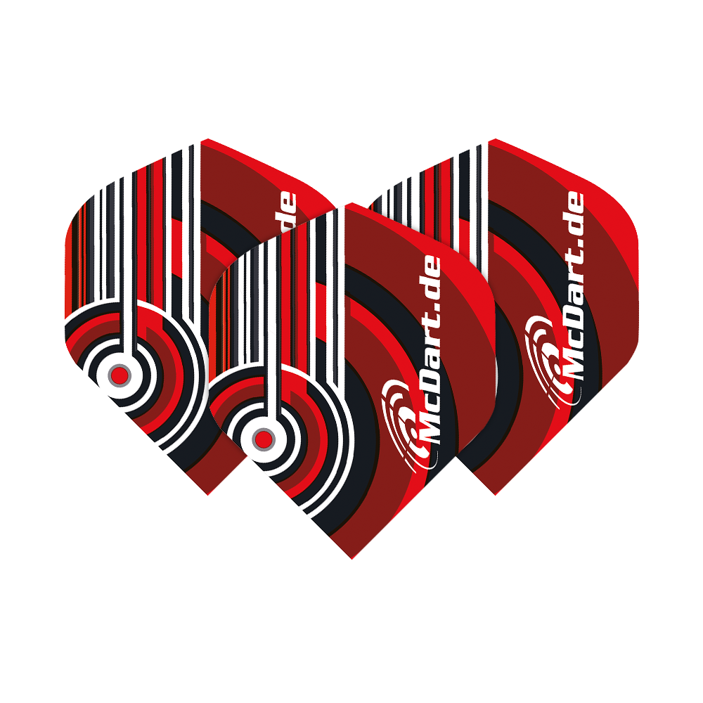 McDart Design V4 Standard Flights Das Bild zeigt die McDart Design V4 Standard Flights in einem auffälligen roten, schwarzen und weißen Muster. Die Flights tragen den Schriftzug "McDart.de" und haben ein modernes, geometrisches Design.
