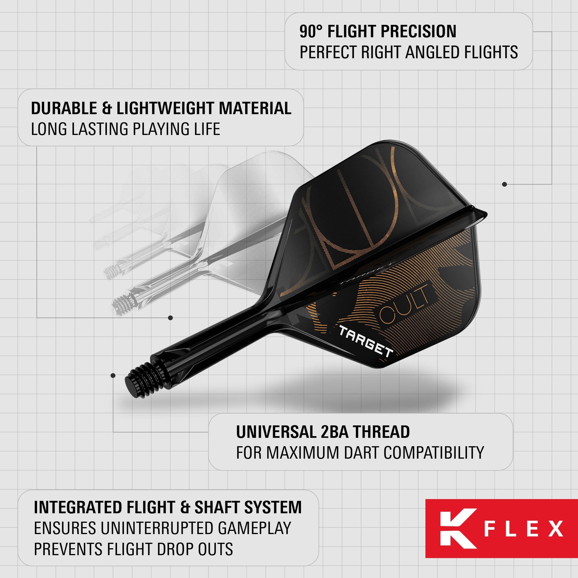 Target K-Flex Cult No2 Standard Flight Shaft System Das Bild zeigt das Target K-Flex Cult No2 Standard Flight-Shaft-System. Es handelt sich um ein Dart-Zubehör zur Verbesserung der Flugstabilität.