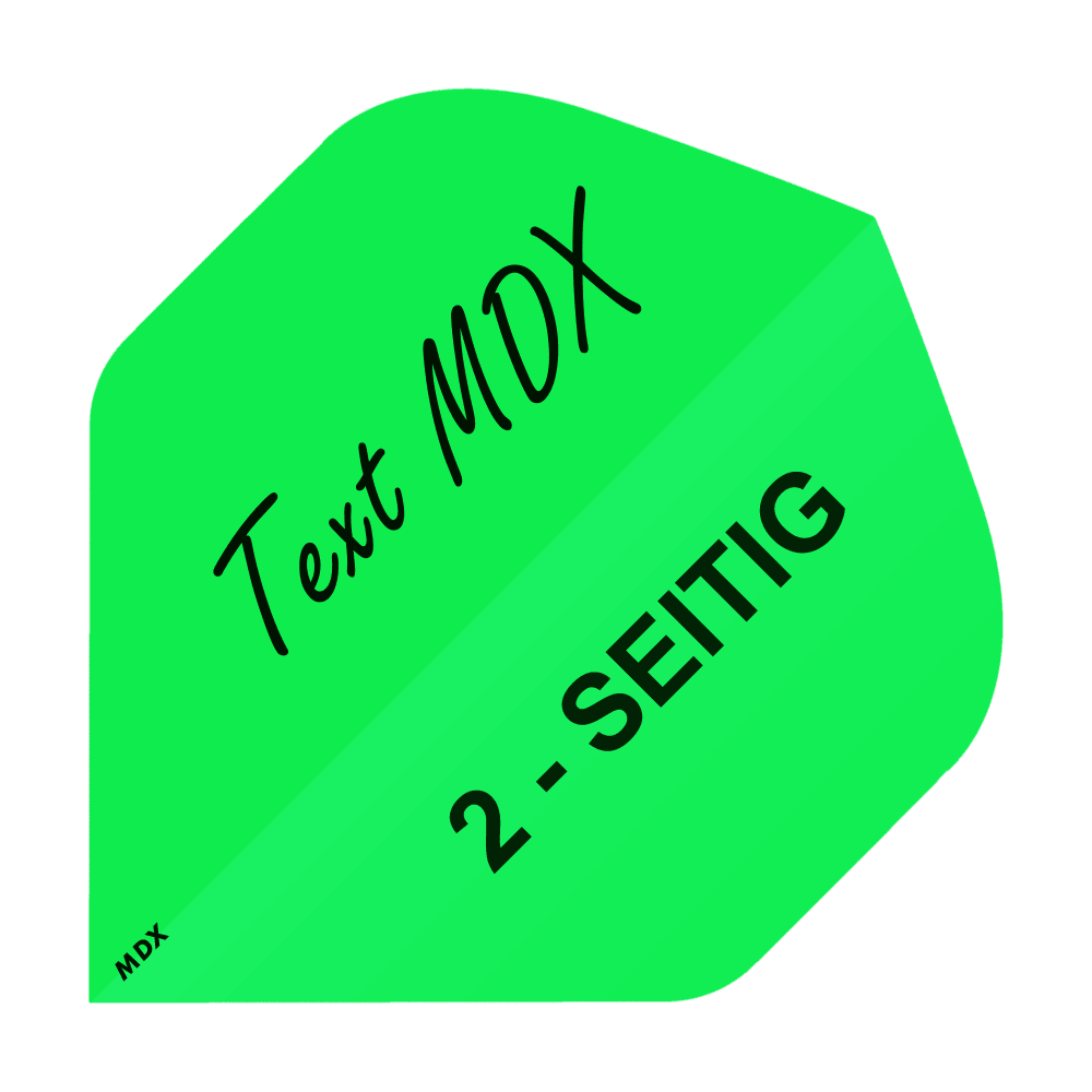 MD-403_2-Seitig_Bedruckte_Flights_Wunschtext_MDX_Gr-n_Standard_1 10 Satz Bedruckte Flights 2-Seitig - Wunschtext - MDX Standard. Die Flights sind sortiert und nebeneinander angeordnet.