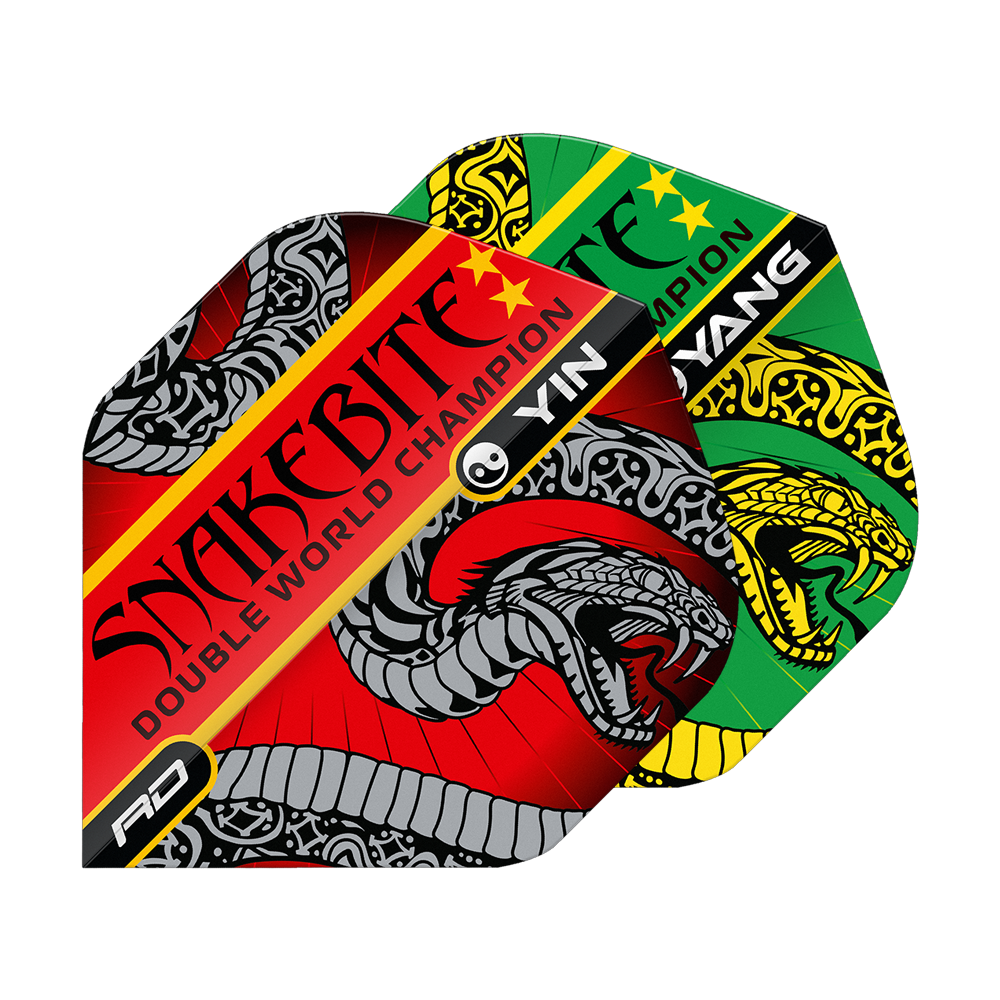 Red Dragon Peter Wright Snakebite Red Green Yin Yang Standard Flights Auf dem Bild sind zwei bunte Dart-Flights mit Schlangenmotiven zu sehen. Die Flights tragen die Aufschrift "Snakebite Double World Champion" und haben die Farben Rot und Grün.