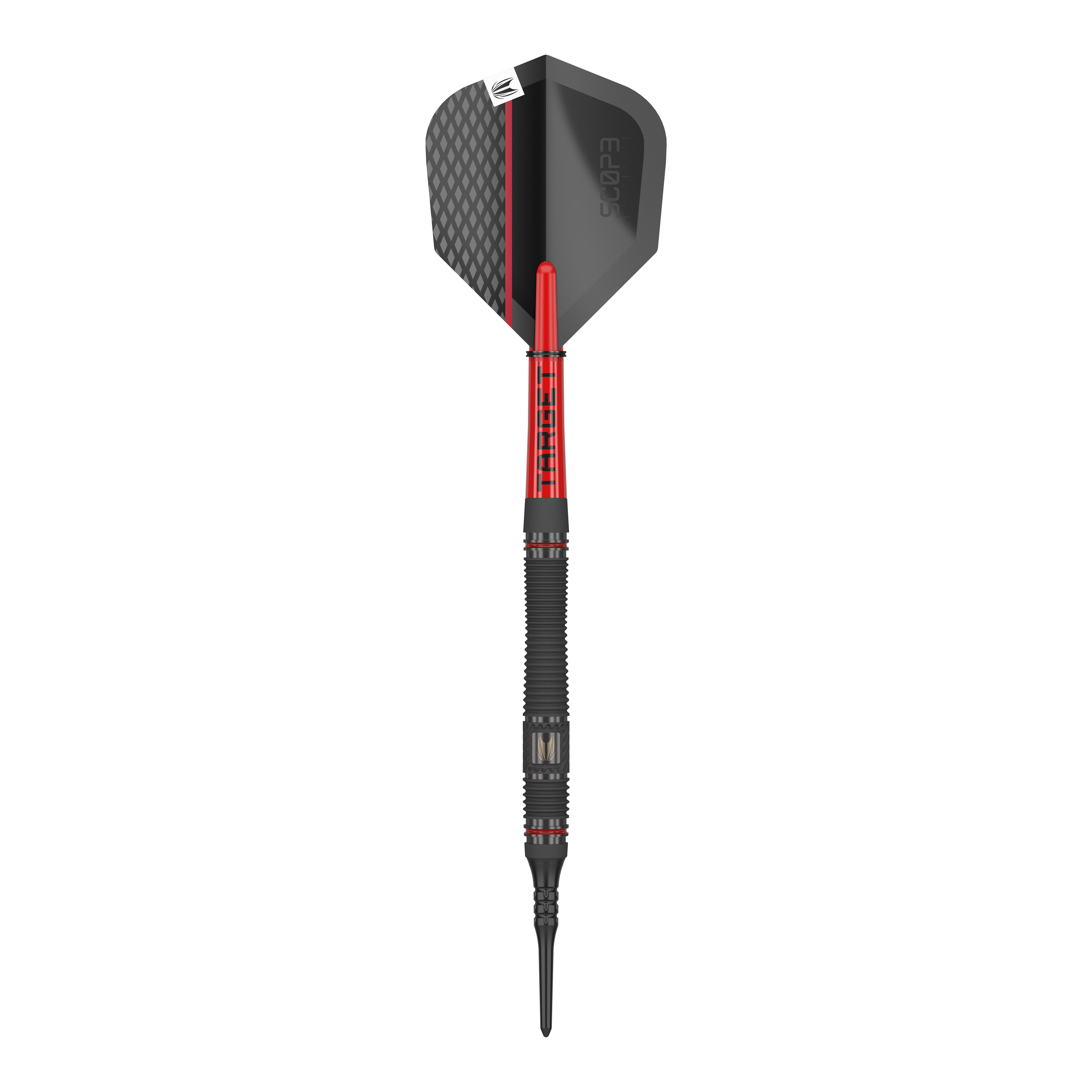 Target Scope 11 Soft Darts Das Bild zeigt einen Softdart namens "Target Scope 11 Softdarts". Der Dart ist schwarz und rot mit einem modernen Design und einer strukturierten Oberfläche.