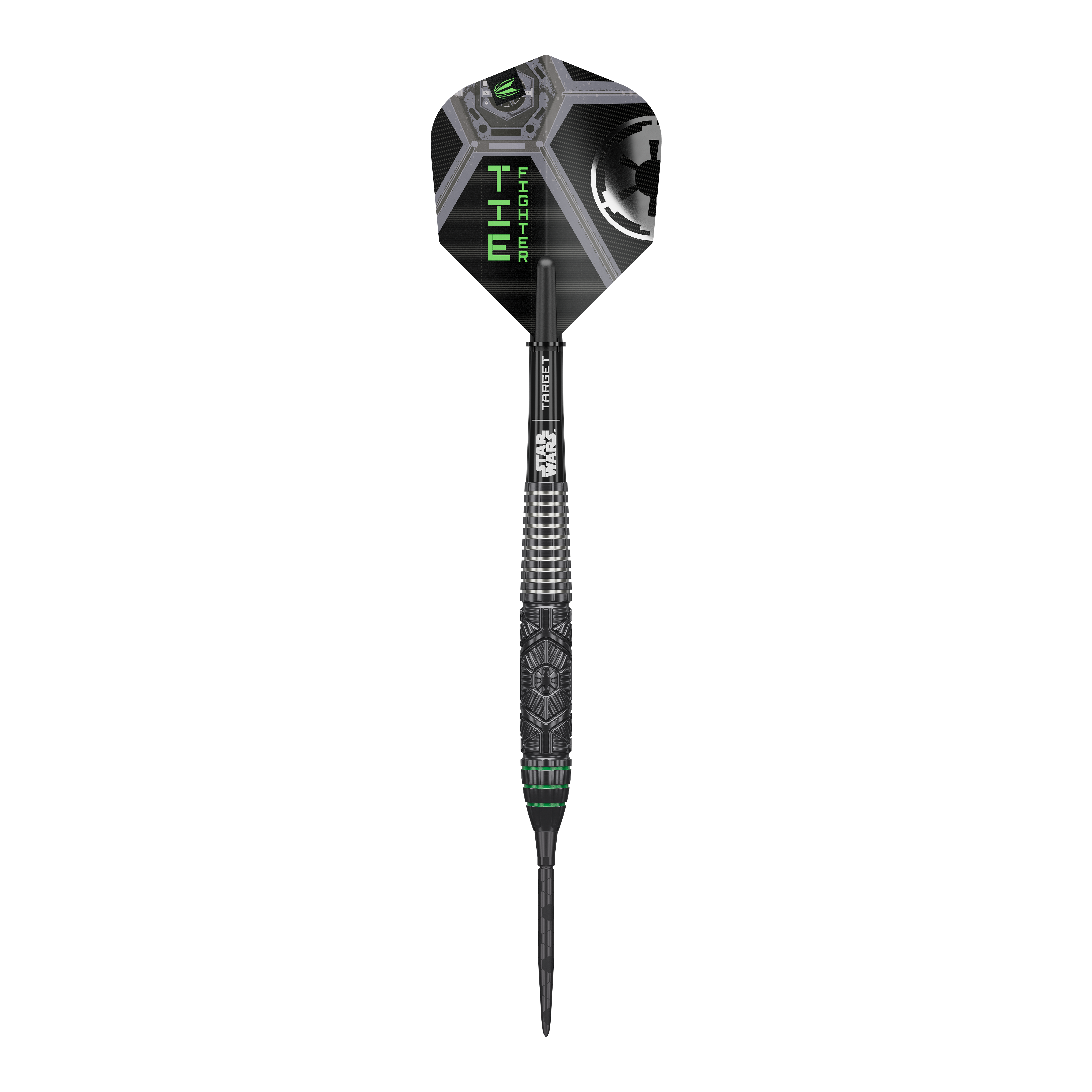 Das Bild präsentiert Target Star Wars Tie Fighter Swiss Point Steeldarts. Diese Darts sind im Design eines Tie Fighters gestaltet.