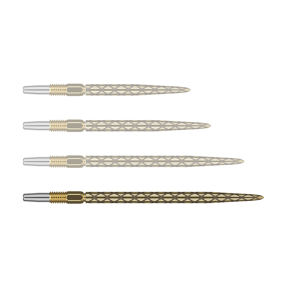 Target Swiss Diamond Pro Gold dart tips Das Bild zeigt vier goldfarbene Dartspitzen mit einem rautenförmigen Muster. Die Spitzen liegen parallel nebeneinander auf einem grünen Hintergrund.