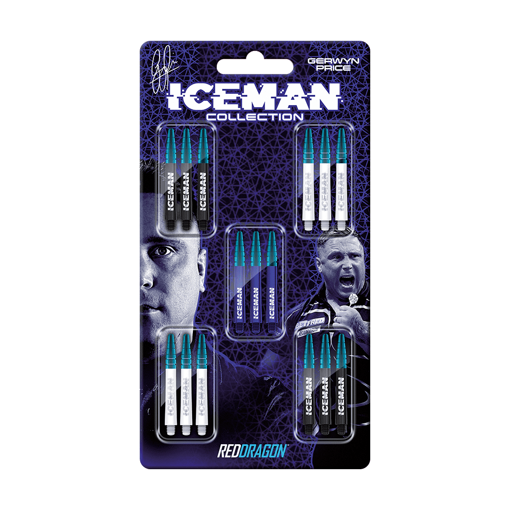 X0793_Red_Dragon_Gerwyn_Price_Iceman_Shaft_Collection_Medium_1 Das Bild zeigt das Produkt "Red Dragon Gerwyn Price Iceman Shaft Collection Medium" in seiner Verpackung. Die Verpackung enthält mehrere Sets von Dartshafts in verschiedenen Farben und trägt das Bild sowie den Namen von Gerwyn Price.