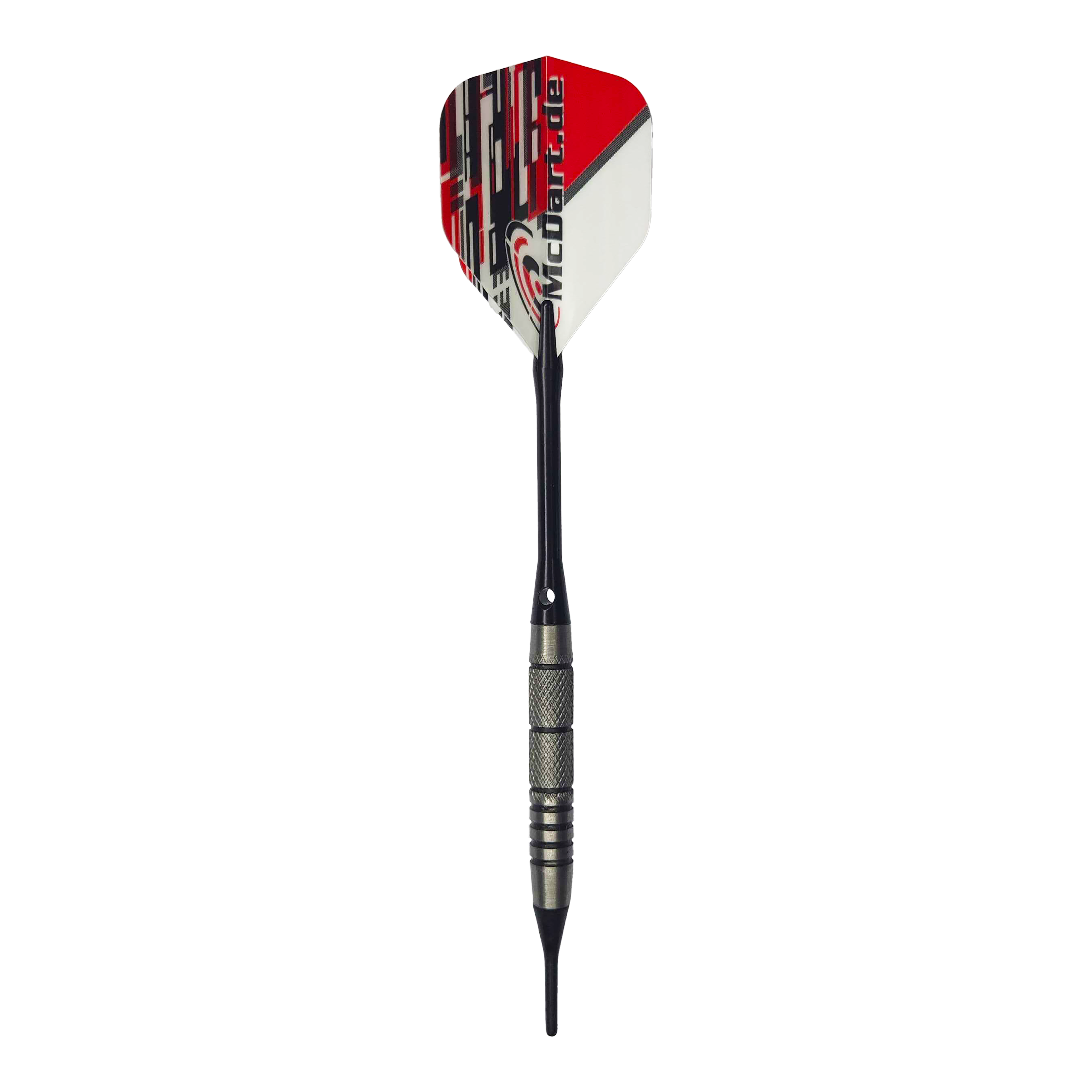 McDart 85 Tungsten V9 soft darts - 17.5g Das Bild zeigt einen McDart 85er Tungsten V9 Softdart mit einem Gewicht von 17,5g. Der Dart hat eine schwarz-silberne Spitze und Schaft sowie ein Flight in Rot, Weiß und Schwarz mit der Aufschrift "McDart.de".